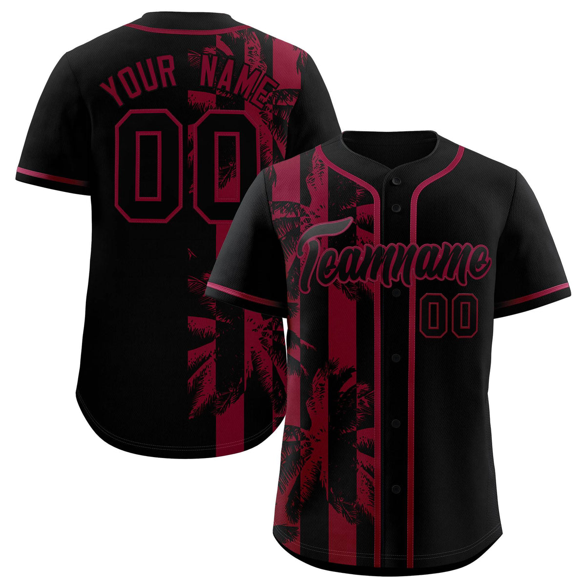Custom Black Crimson Split Fashion Coconut Tree Design Authentic Baseball Jersey