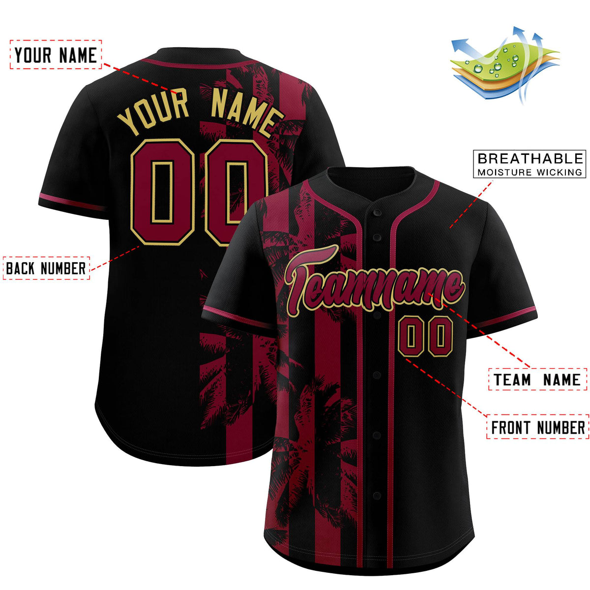 Custom Black Crimson Split Fashion Coconut Tree Design Authentic Baseball Jersey