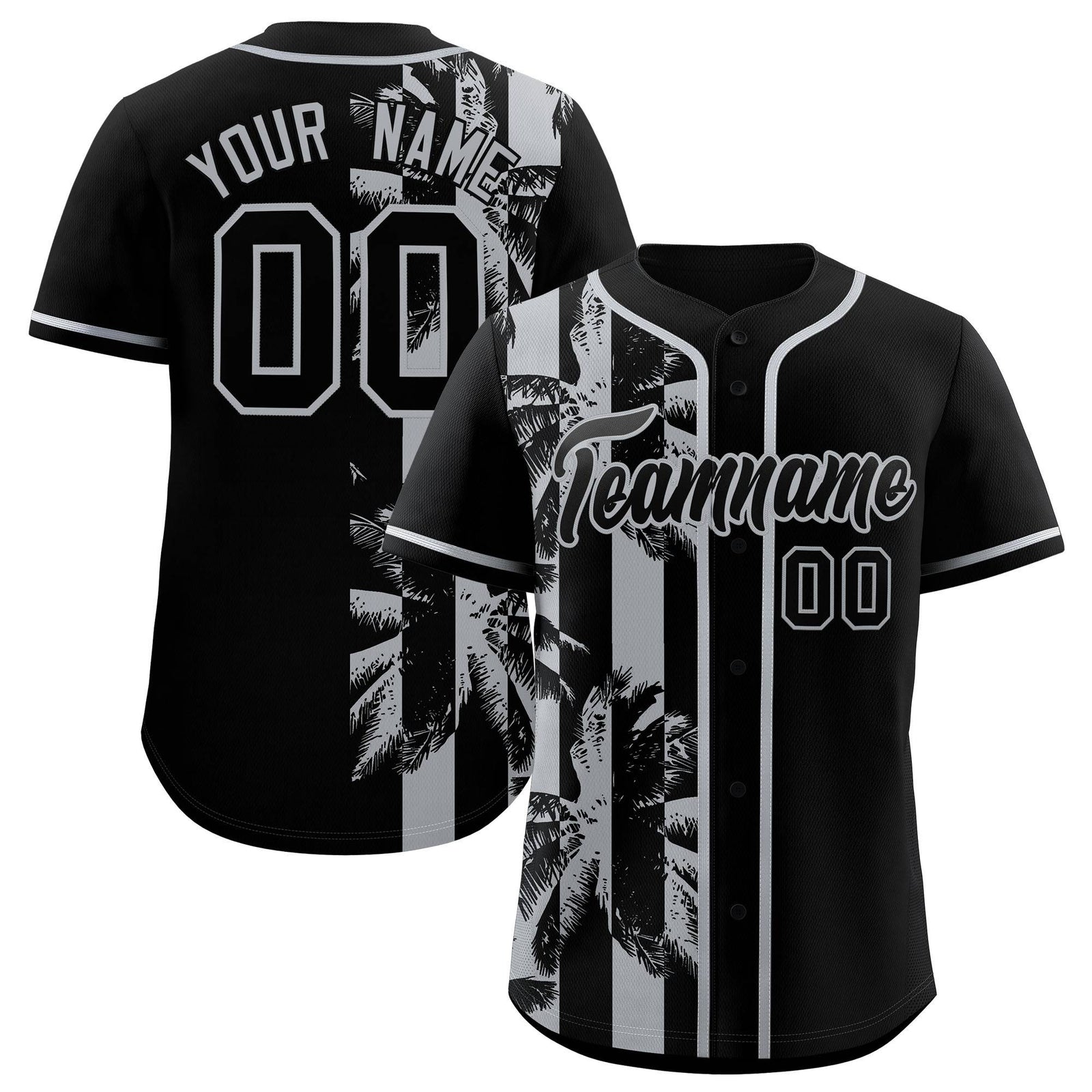Custom Black Gray Split Fashion Coconut Tree Design Authentic Baseball Jersey