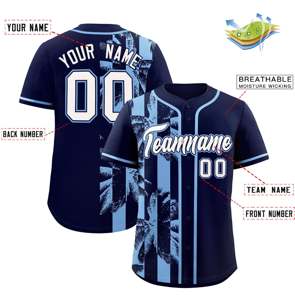 Custom Navy Powder Blue Split Fashion Coconut Tree Design Authentic Baseball Jersey