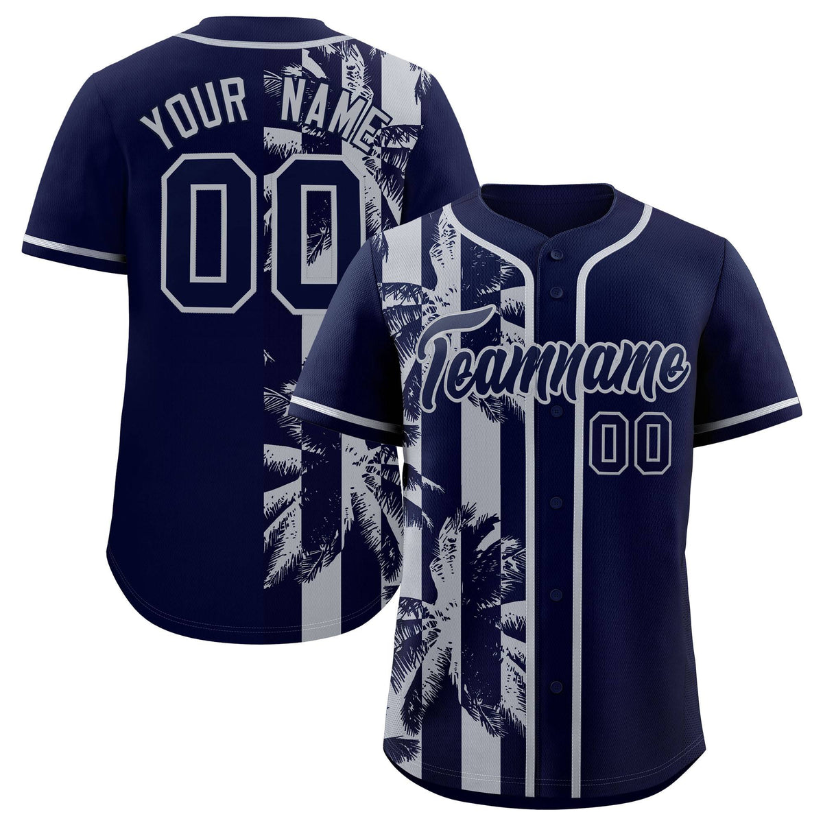Custom Navy Gray Split Fashion Coconut Tree Design Authentic Baseball Jersey