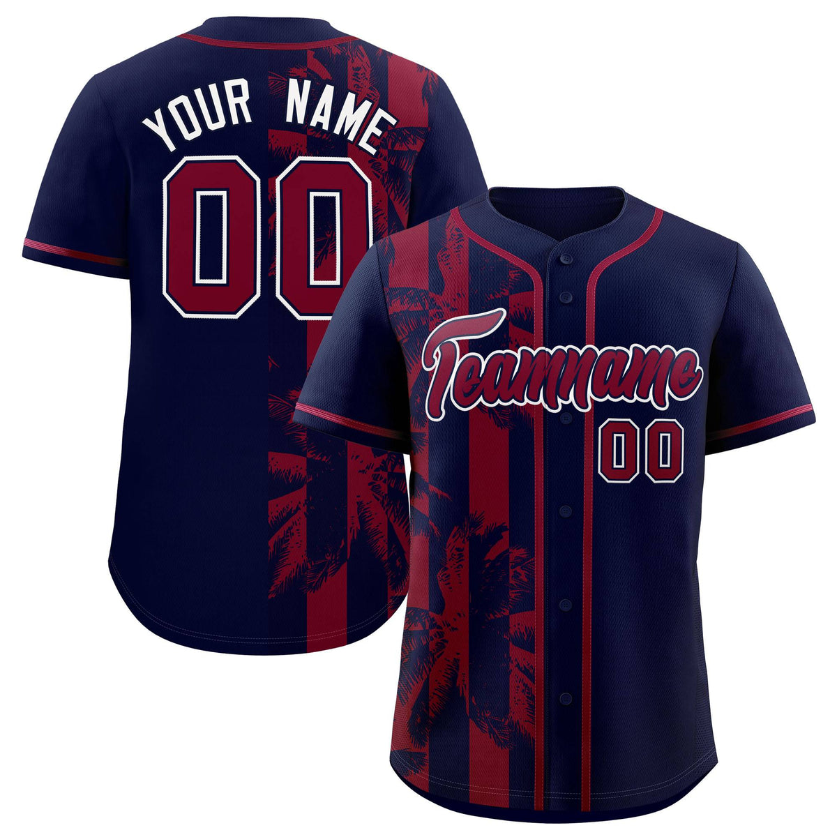 Custom Navy Crimson Split Fashion Coconut Tree Design Authentic Baseball Jersey