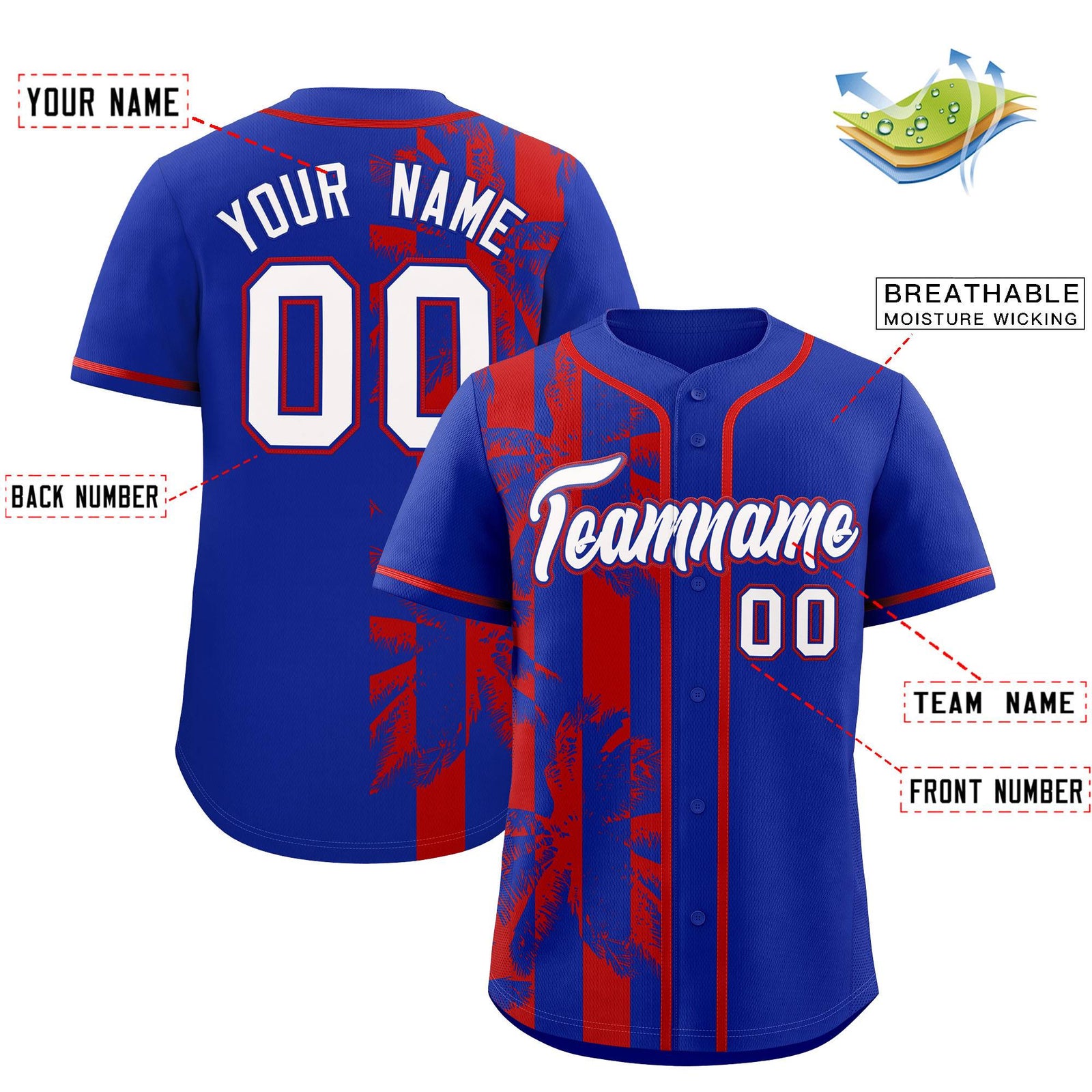 Custom Royal Red Split Fashion Coconut Tree Design Authentic Baseball Jersey