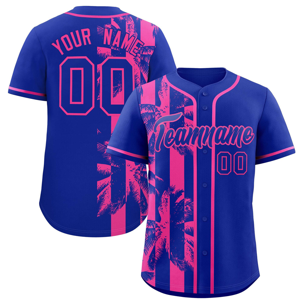 Custom Royal Pink Split Fashion Coconut Tree Design Authentic Baseball Jersey