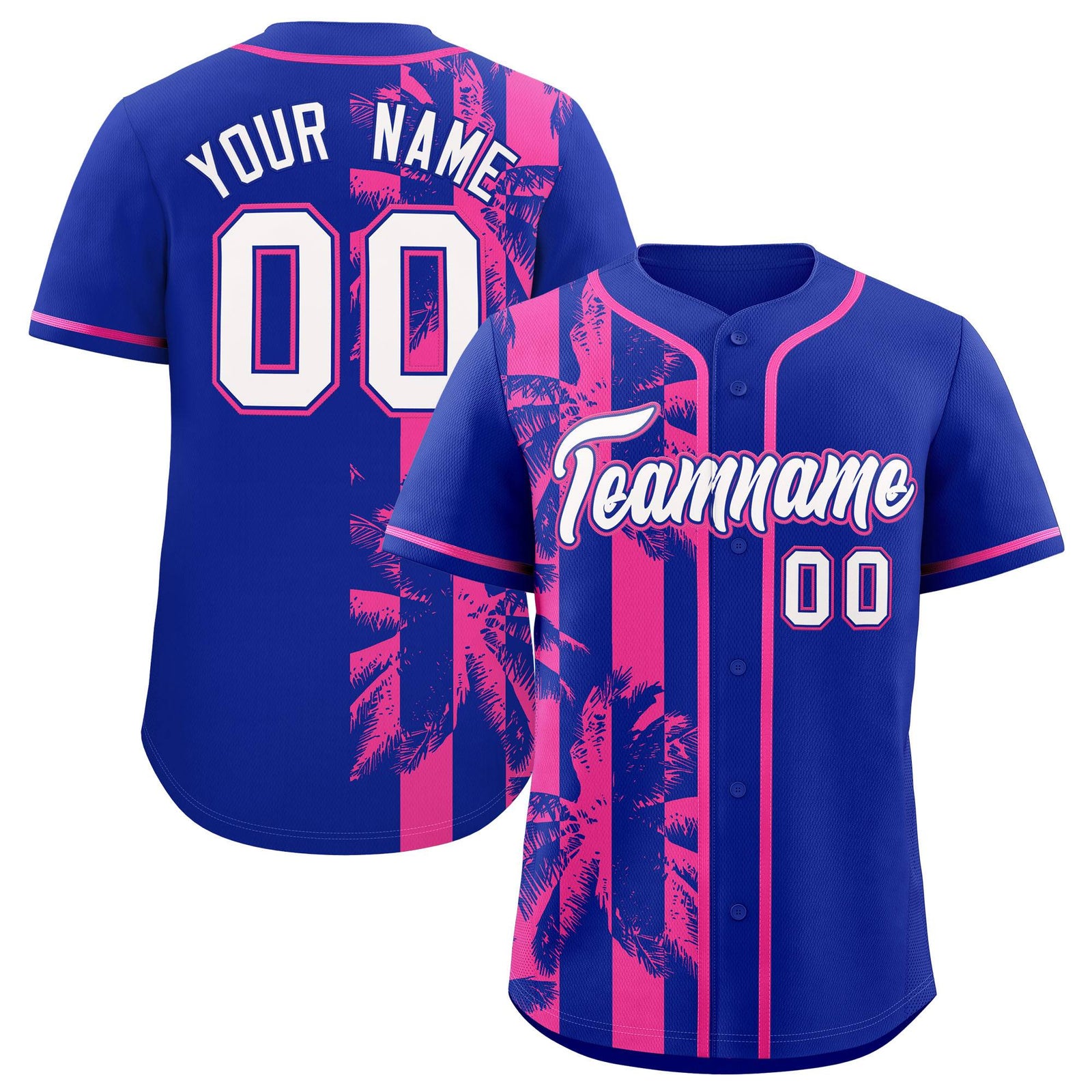 Custom Royal Pink Split Fashion Coconut Tree Design Authentic Baseball Jersey