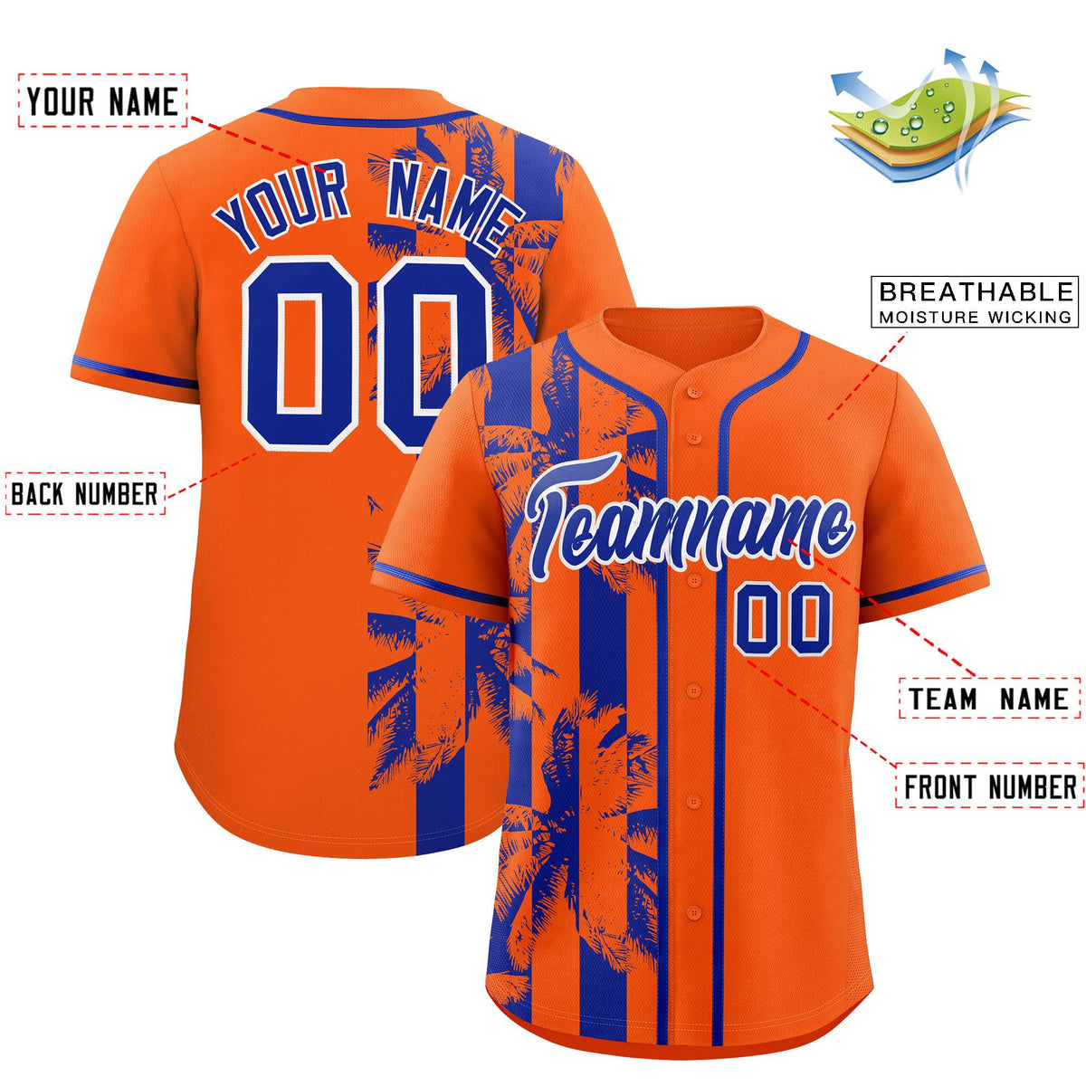 Custom Orange Royal Split Fashion Coconut Tree Design Authentic Baseball Jersey