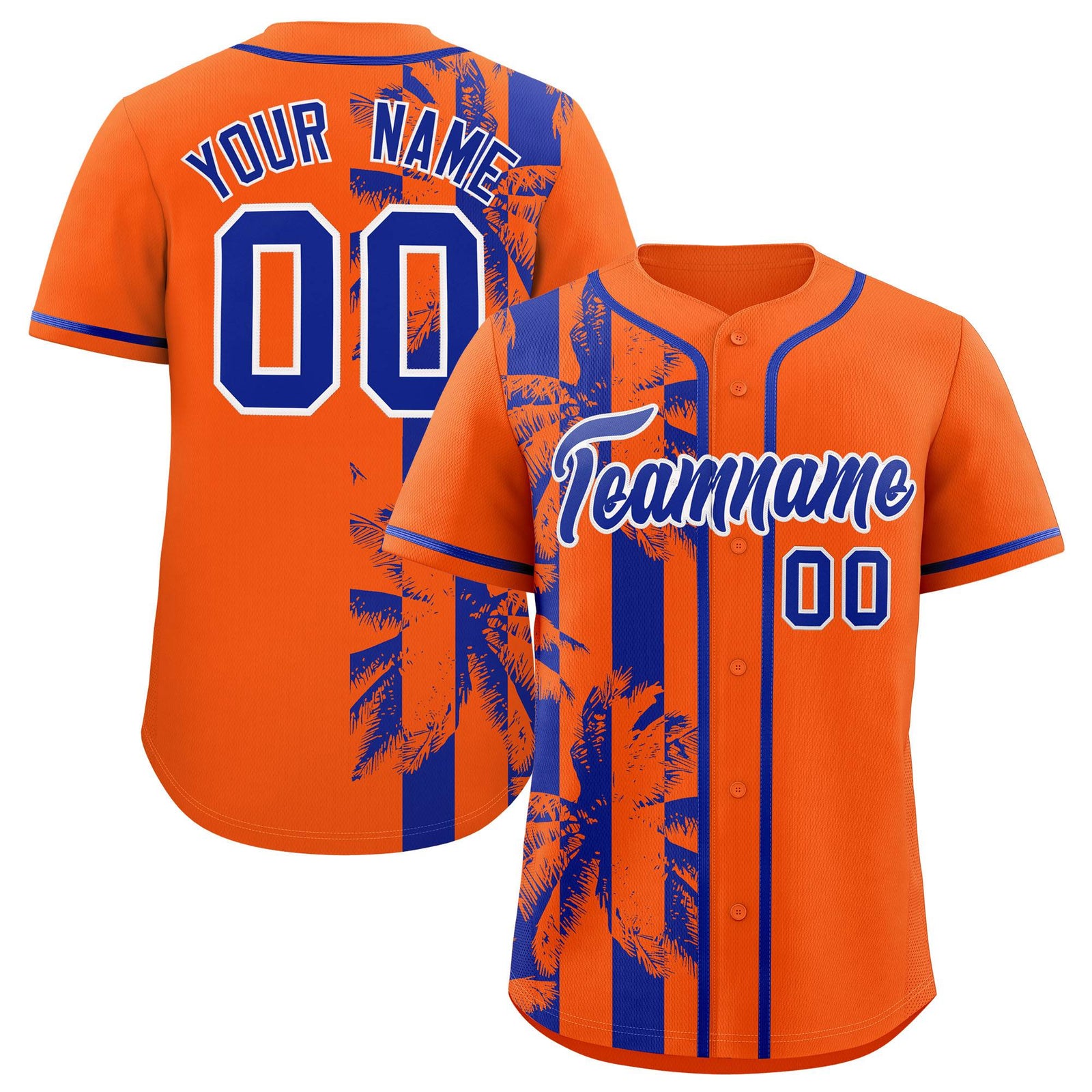 Custom Orange Royal Split Fashion Coconut Tree Design Authentic Baseball Jersey