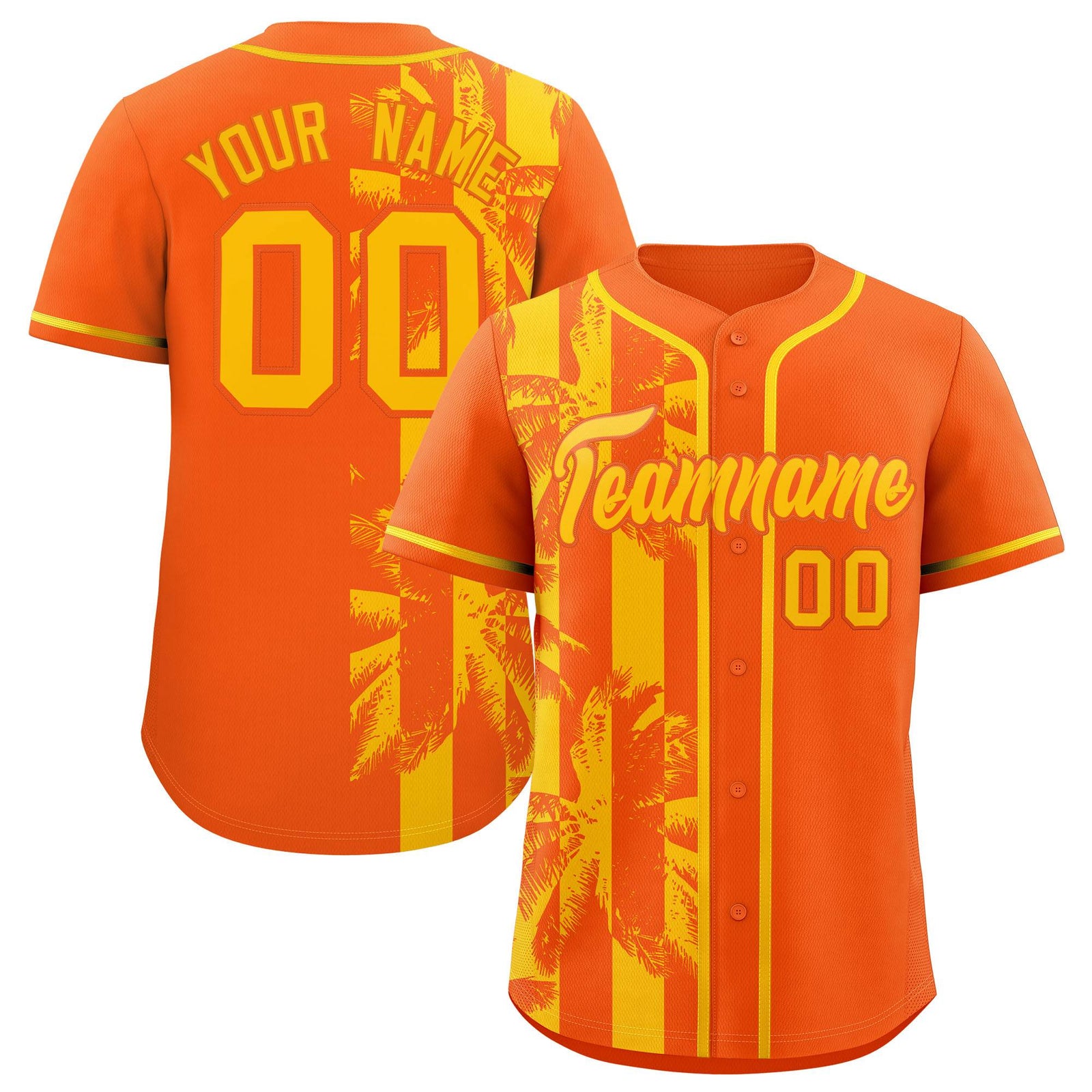 Custom Orange Yellow Split Fashion Coconut Tree Design Authentic Baseball Jersey
