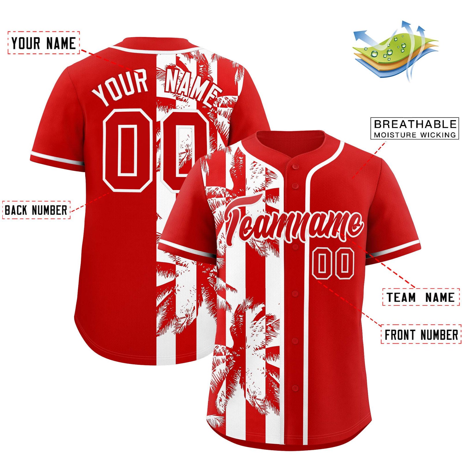 Custom Red White Split Fashion Coconut Tree Design Authentic Baseball Jersey