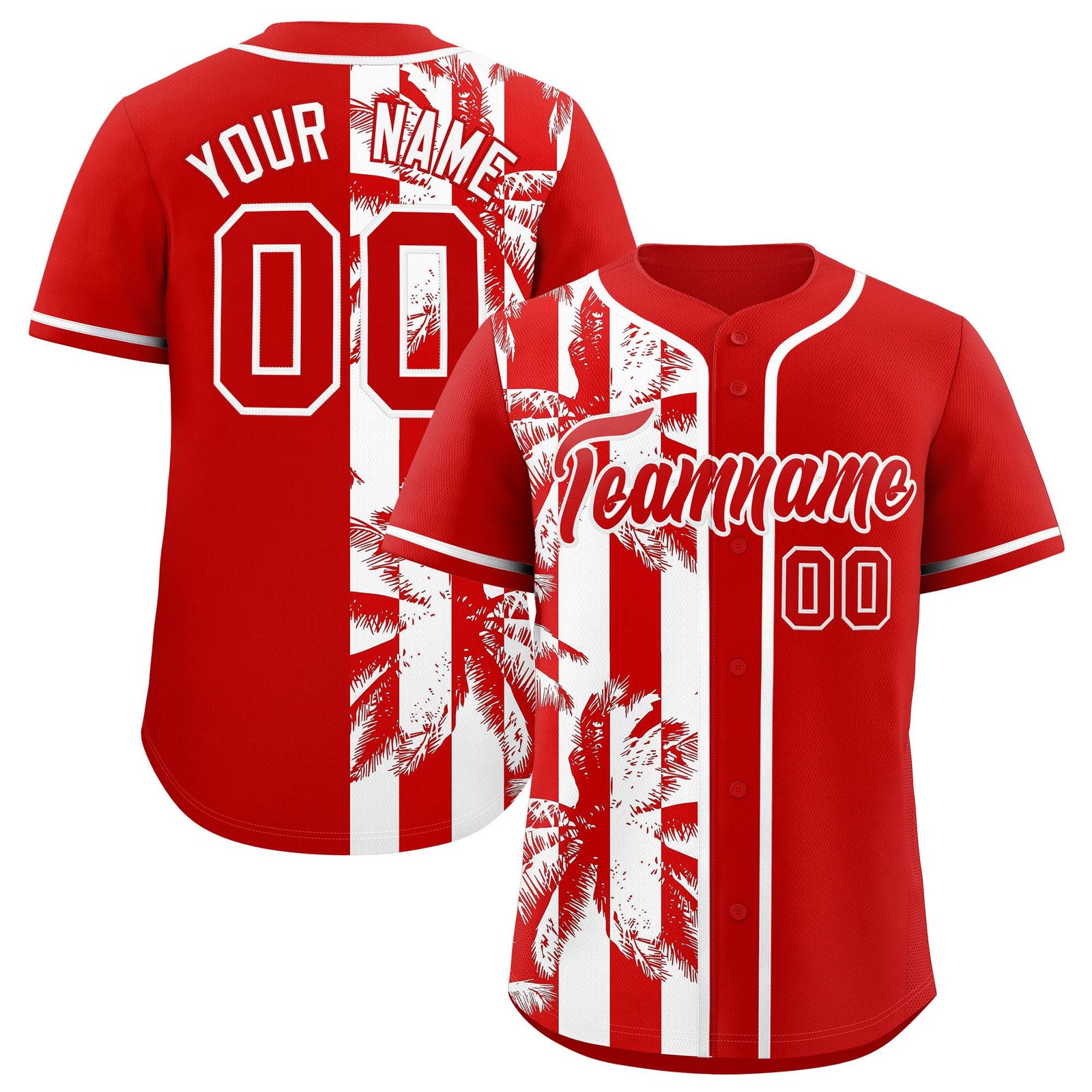 Custom Red White Split Fashion Coconut Tree Design Authentic Baseball Jersey