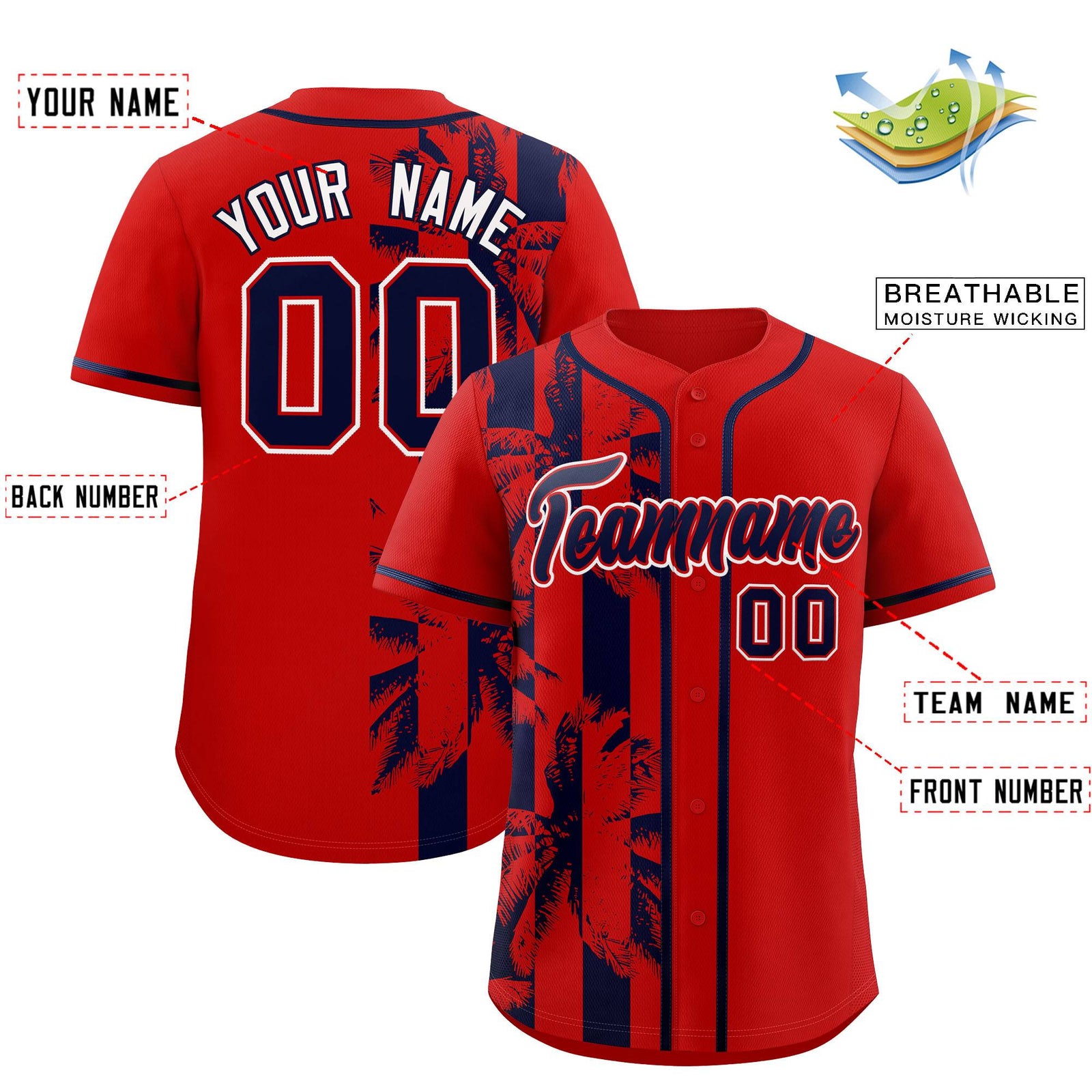 Custom Red Navy Split Fashion Coconut Tree Design Authentic Baseball Jersey