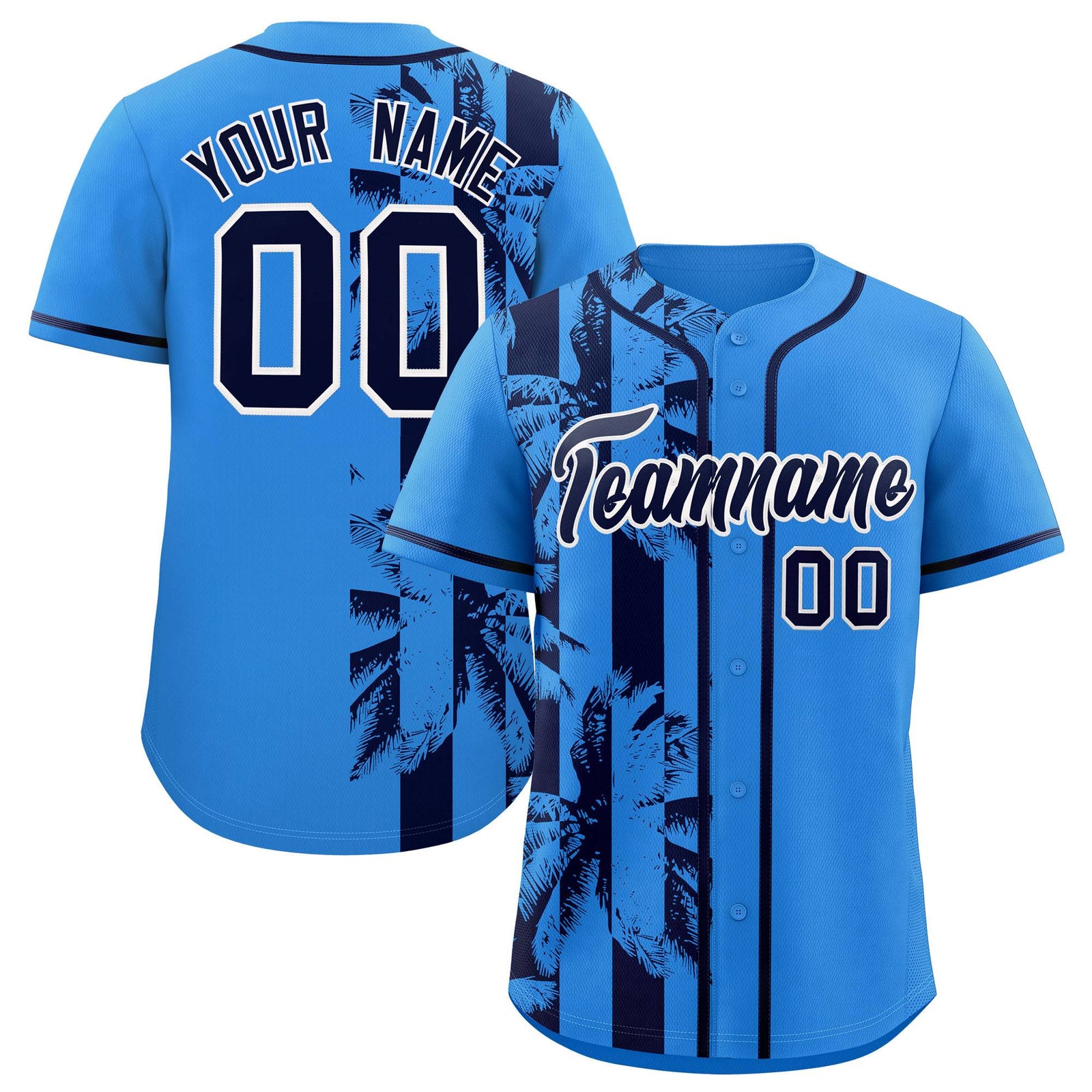 Custom Powder Blue Navy Split Fashion Coconut Tree Design Authentic Baseball Jersey