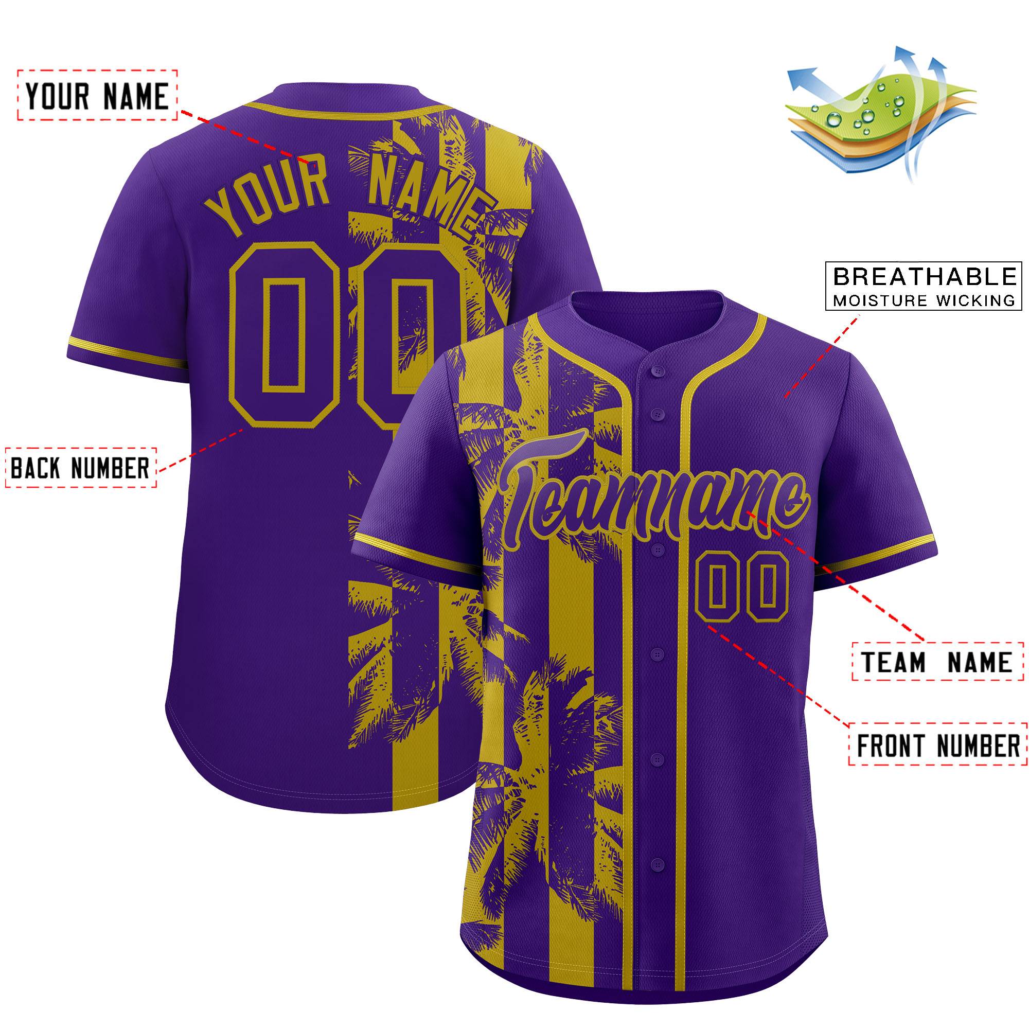 Custom Purple Old Gold Split Fashion Coconut Tree Design Authentic Baseball Jersey