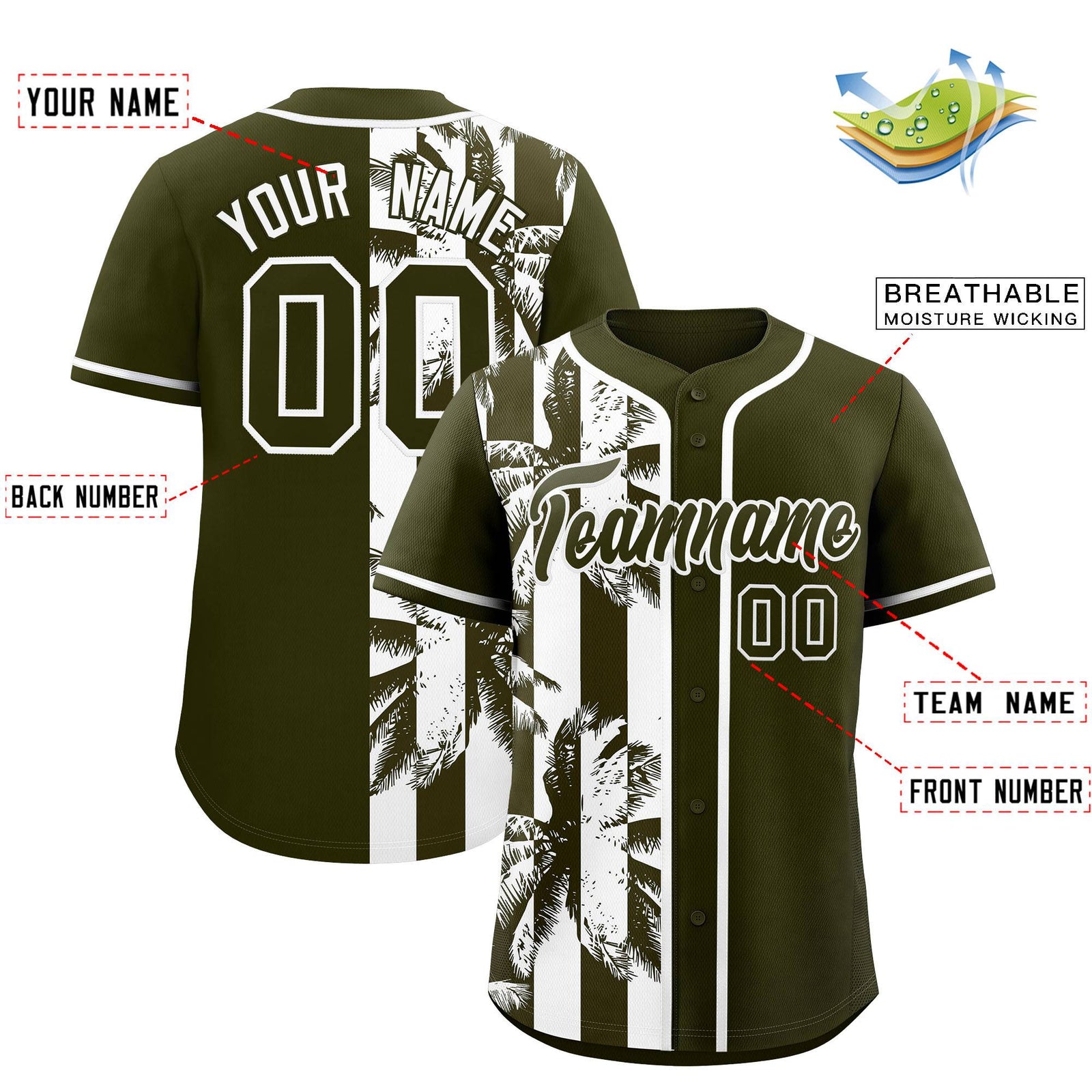 Custom Olive White Split Fashion Coconut Tree Design Authentic Baseball Jersey
