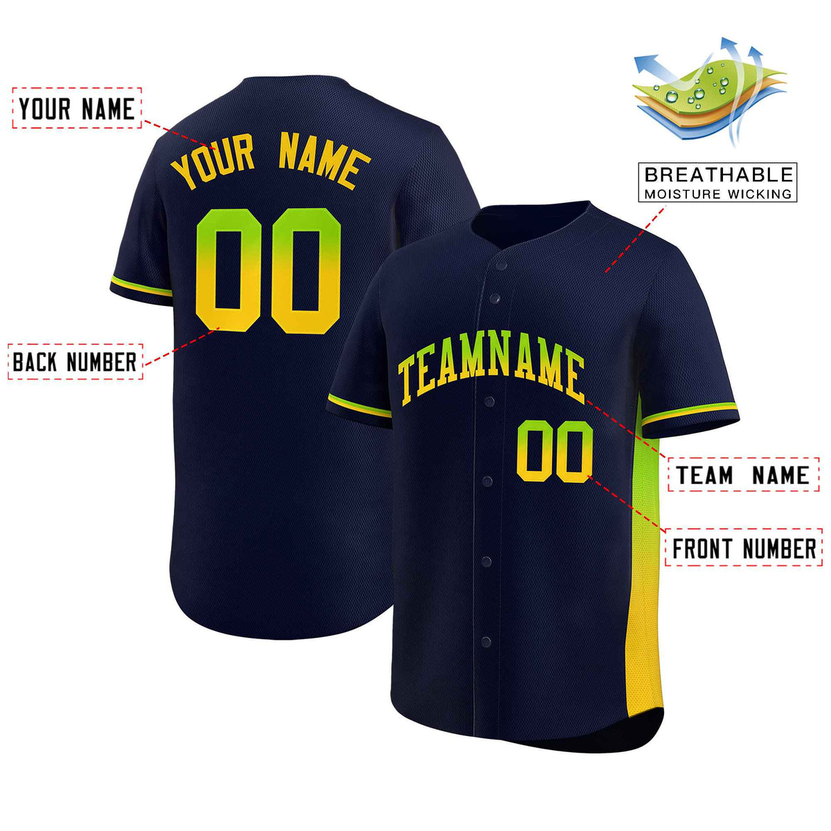 Custom Navy Neon Green-Gold Personalized Gradient Font And Side Design Authentic Baseball Jersey