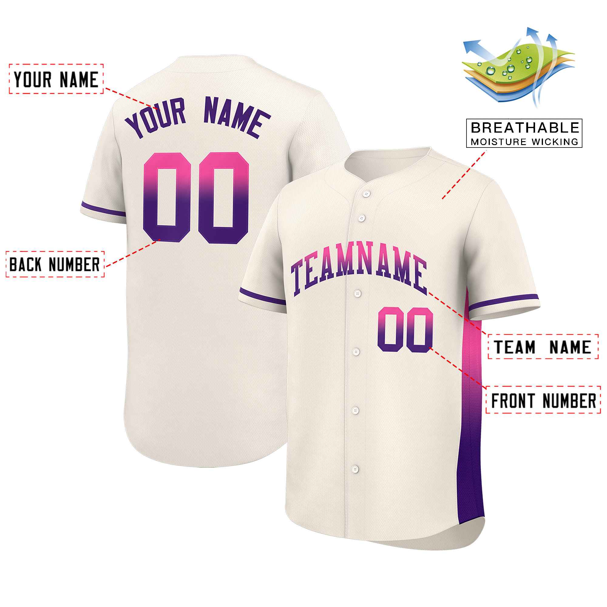 Custom Cream Pink-Purple Personalized Gradient Font And Side Design Authentic Baseball Jersey