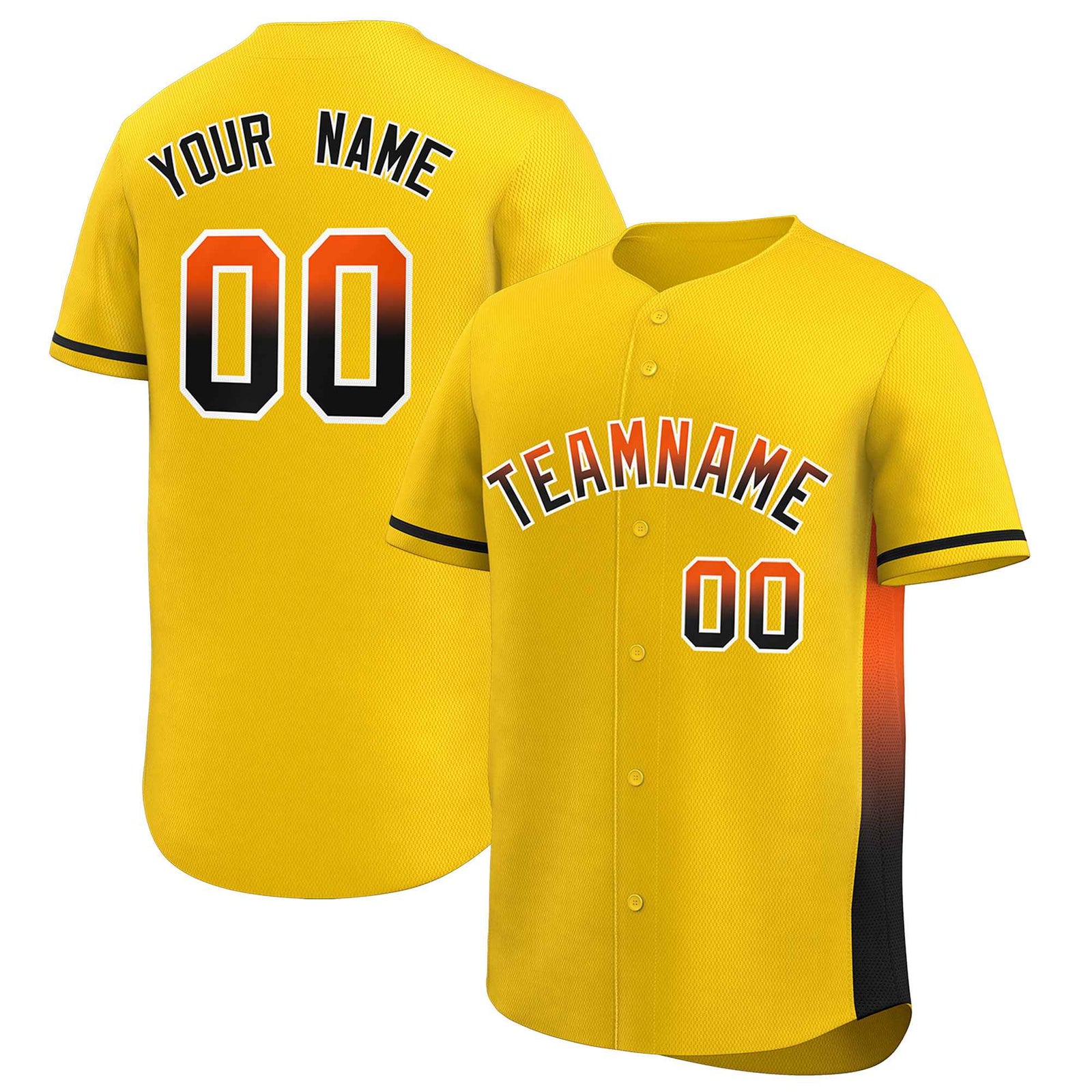 Custom Gold Orange-Black Personalized Gradient Font And Side Design Authentic Baseball Jersey