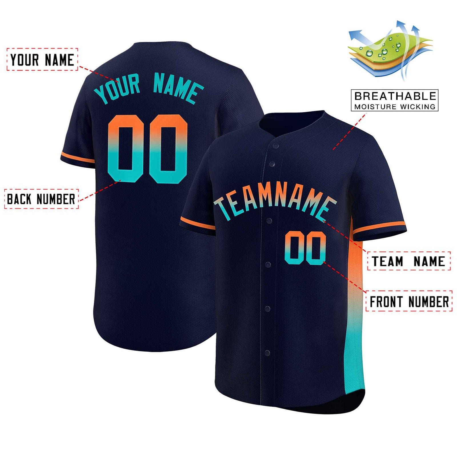 Custom Navy Orange-Aqua Personalized Gradient Font And Side Design Authentic Baseball Jersey