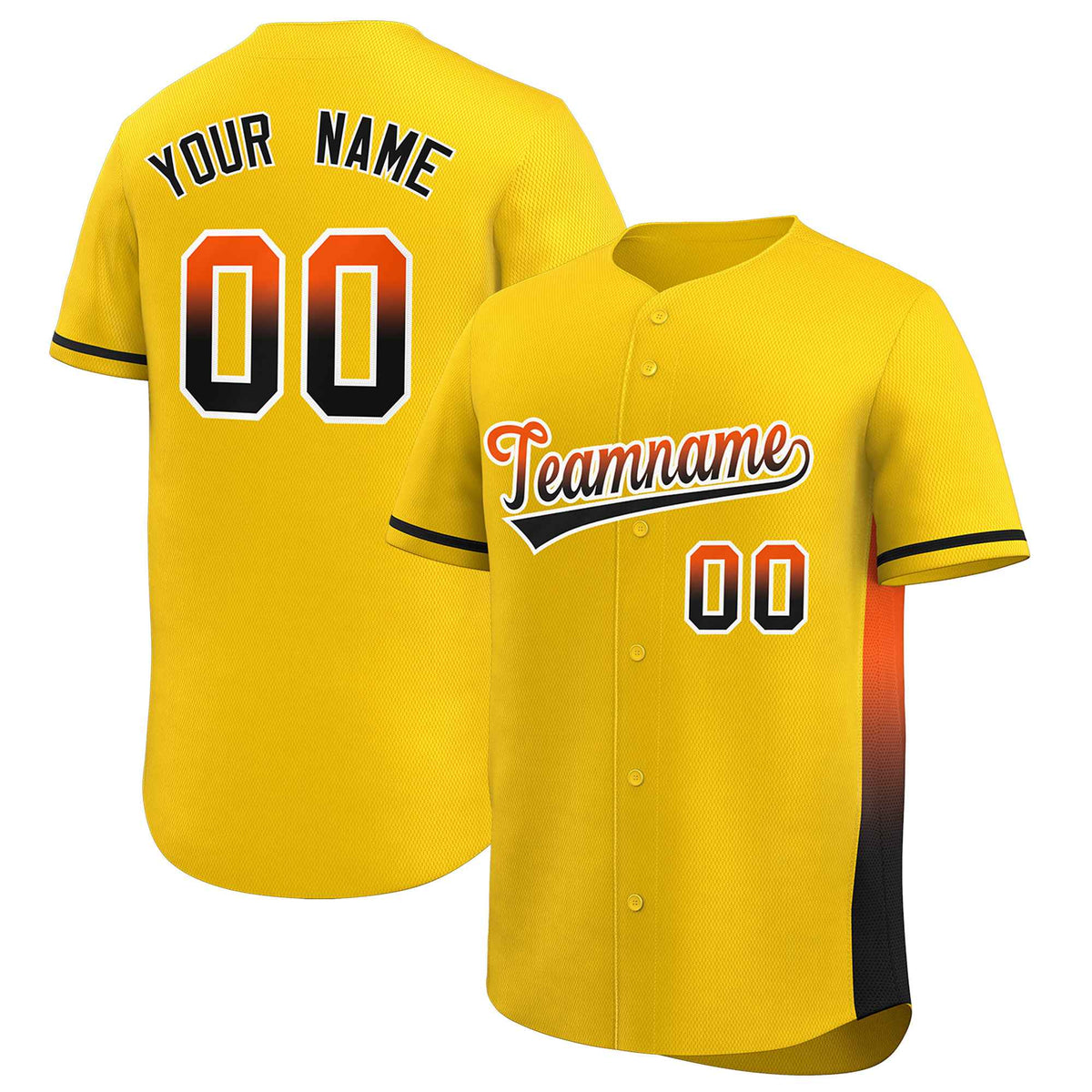 Custom Gold Orange-Black Personalized Gradient Font And Side Design Authentic Baseball Jersey