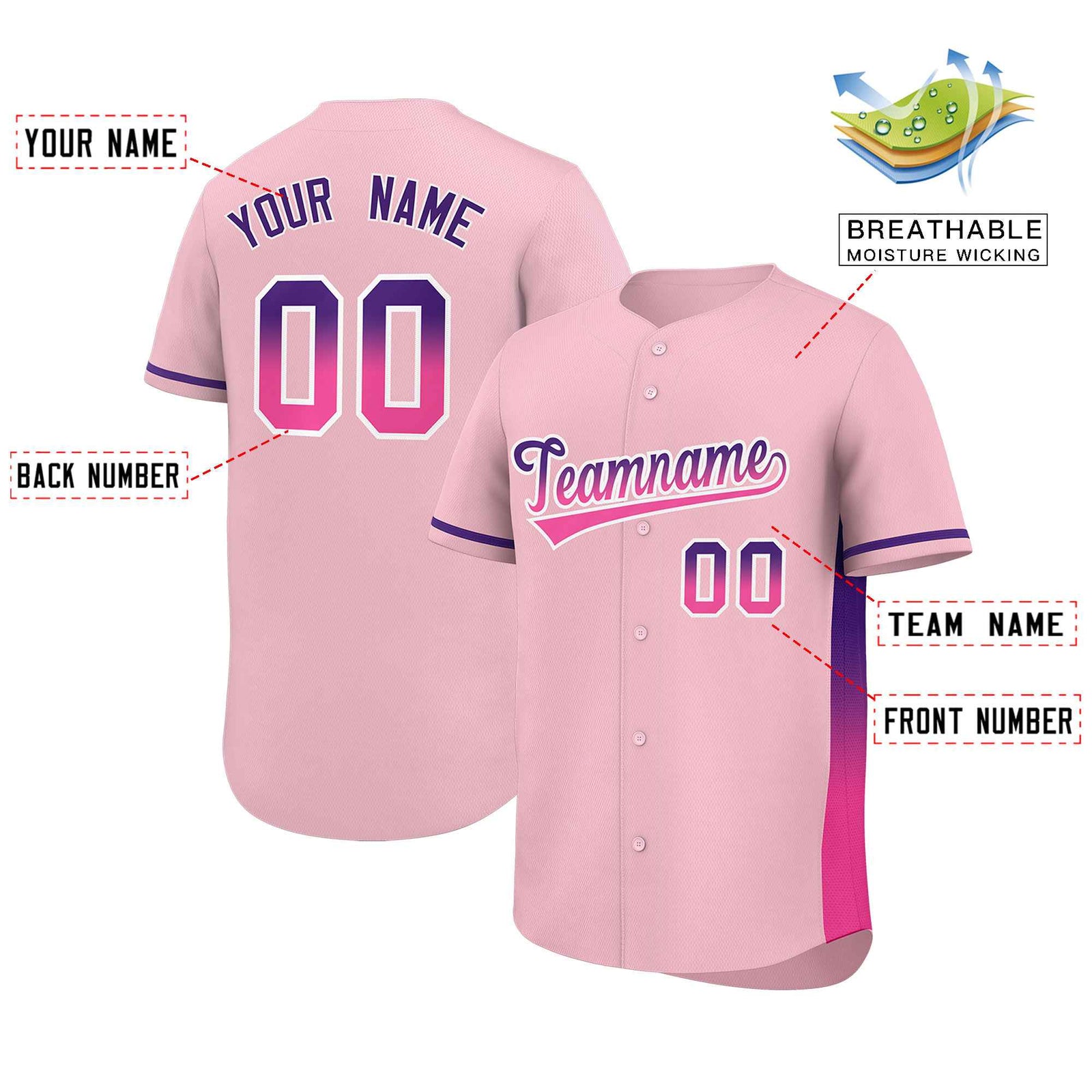 Custom Light Pink Purple-Pink Personalized Gradient Font And Side Design Authentic Baseball Jersey