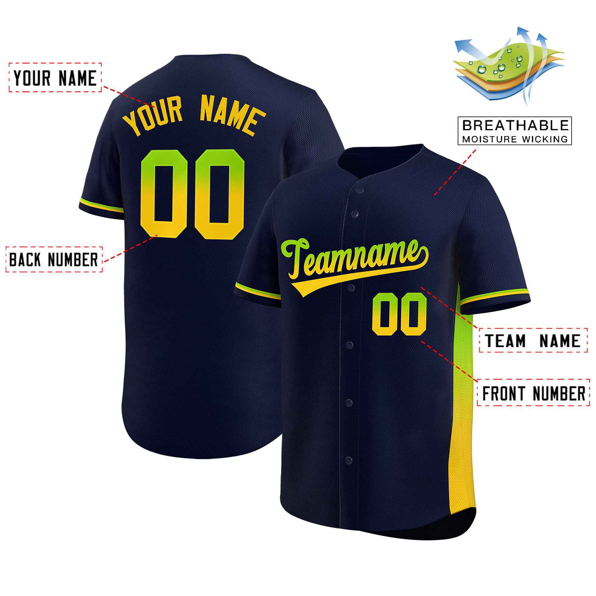 Custom Navy Neon Green-Gold Personalized Gradient Font And Side Design Authentic Baseball Jersey