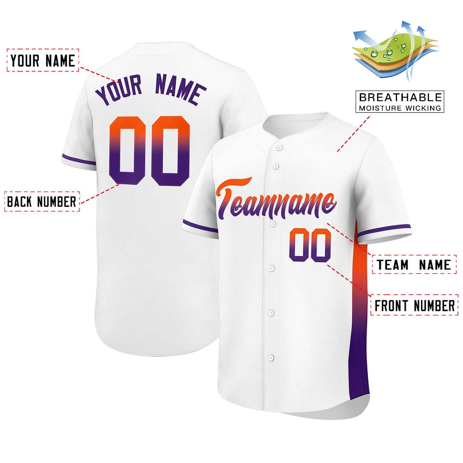 Custom White Orange-Purple Personalized Gradient Font And Side Design Authentic Baseball Jersey