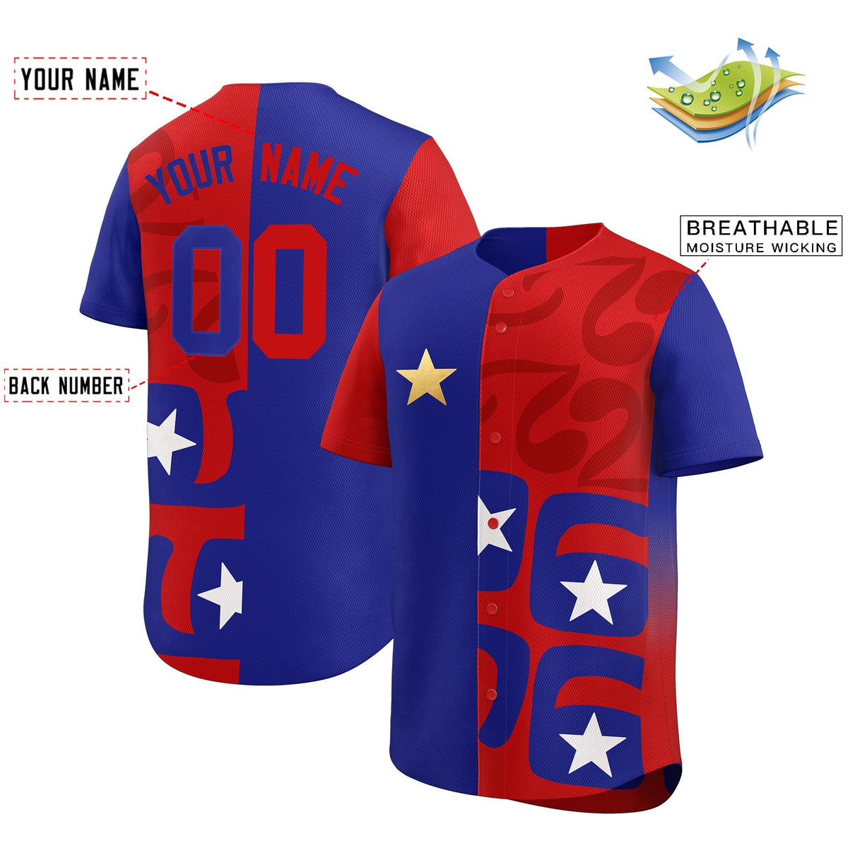 Custom Red Royal Baseball Jerseys Star Graffiti World Cup Inspired Style Split Flag Durable
