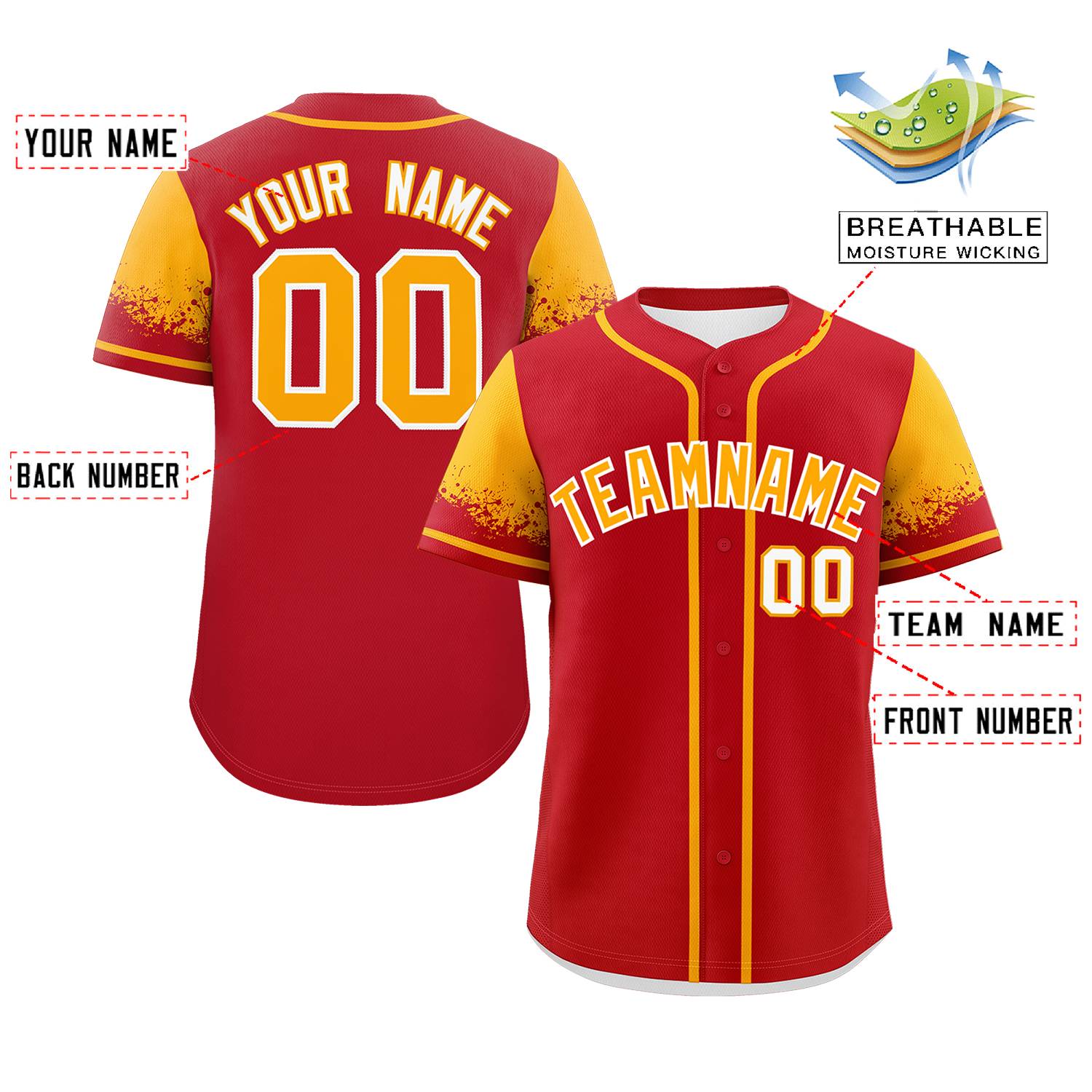 Custom Red Yellow Personalized Raglan Sleeves Design Authentic Baseball Jersey