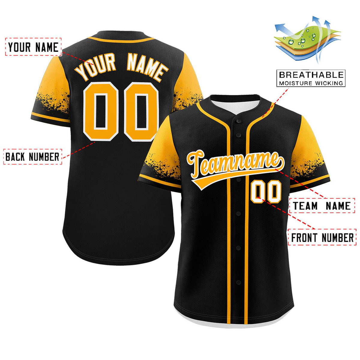 Custom Black Yellow Personalized Raglan Sleeves Design Authentic Baseball Jersey