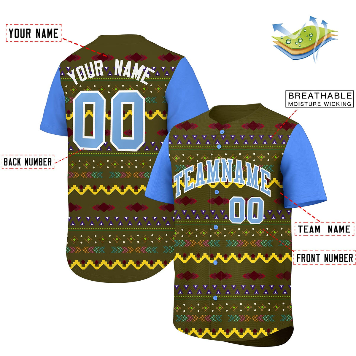Custom Olive Powder Blue White Mexican style Lightweight Baseball Jersey| KXKSHOP