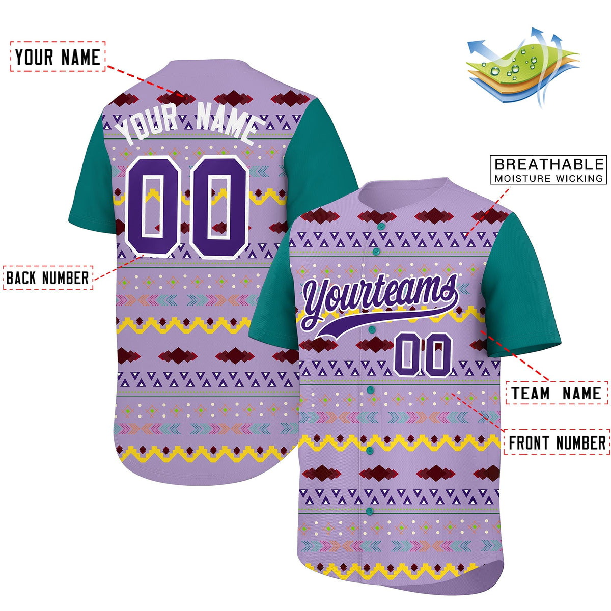 Custom Light Purple Teal White Mexican style Stretch Fabric Baseball Jersey| KXKSHOP