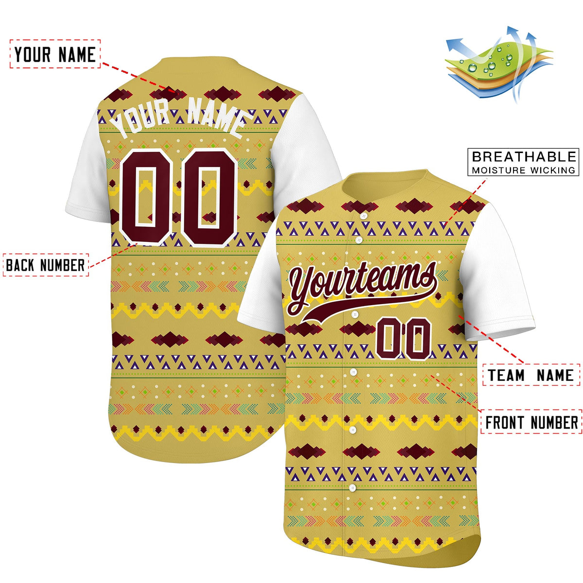 Custom Old Gold White Burgundy Mexican style Stretch Fabric Baseball Jersey| KXKSHOP
