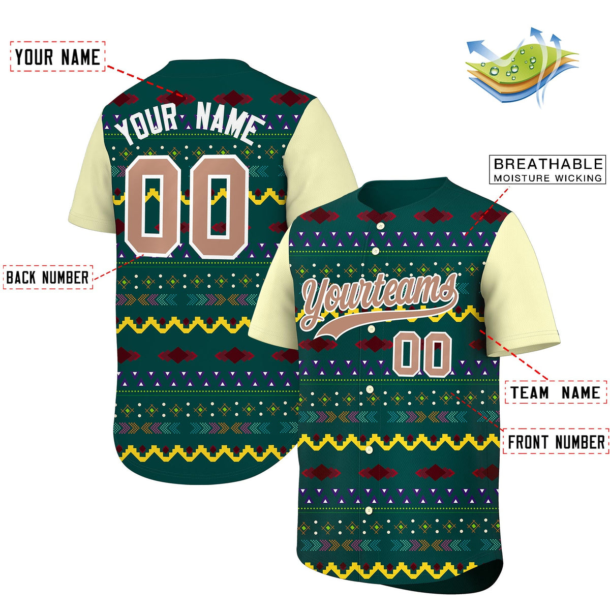 Custom Midnight Green Cream White Mexican style Breathable Baseball Jersey| KXKSHOP