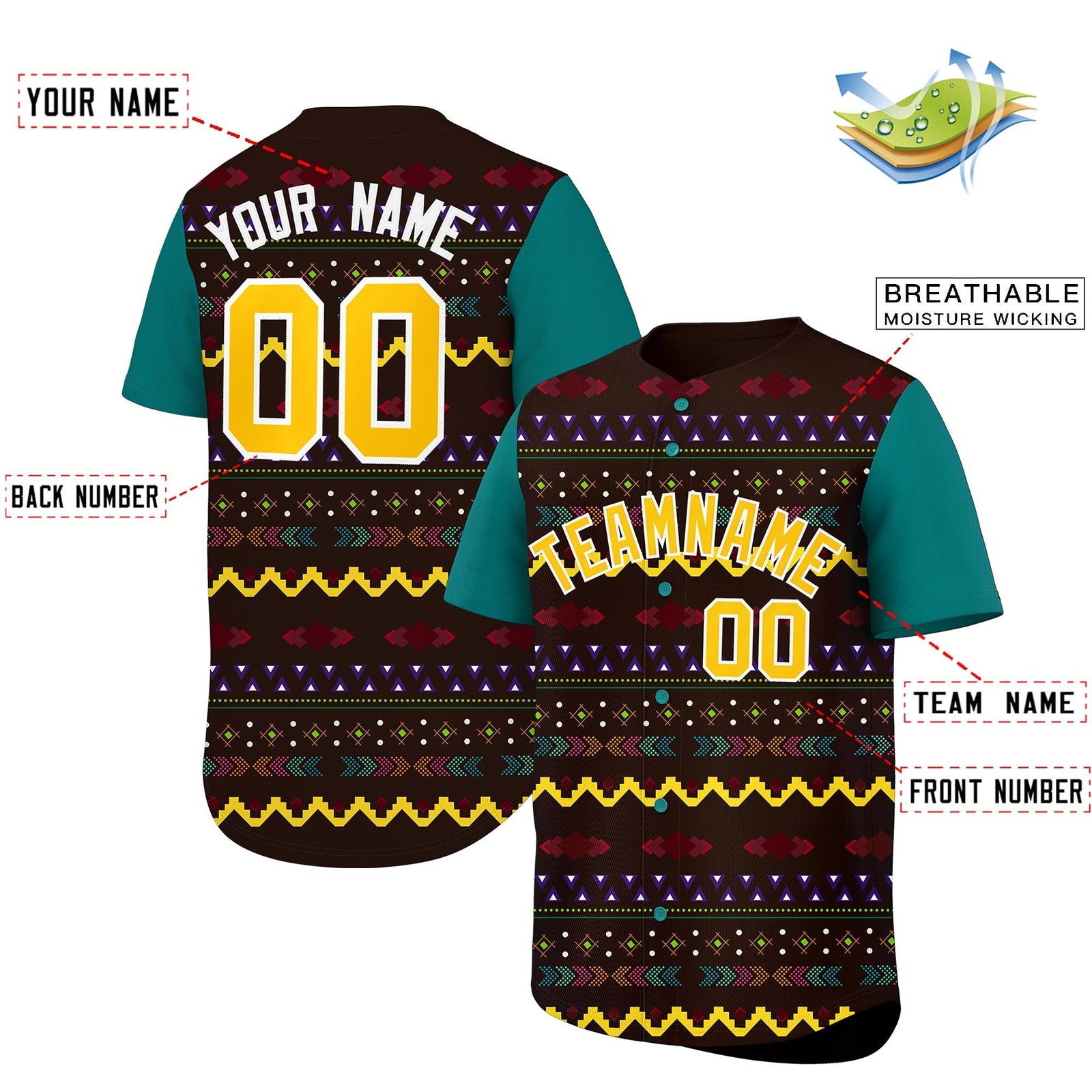 Custom Brown Teal White Mexican style Breathable Baseball Jersey| KXKSHOP