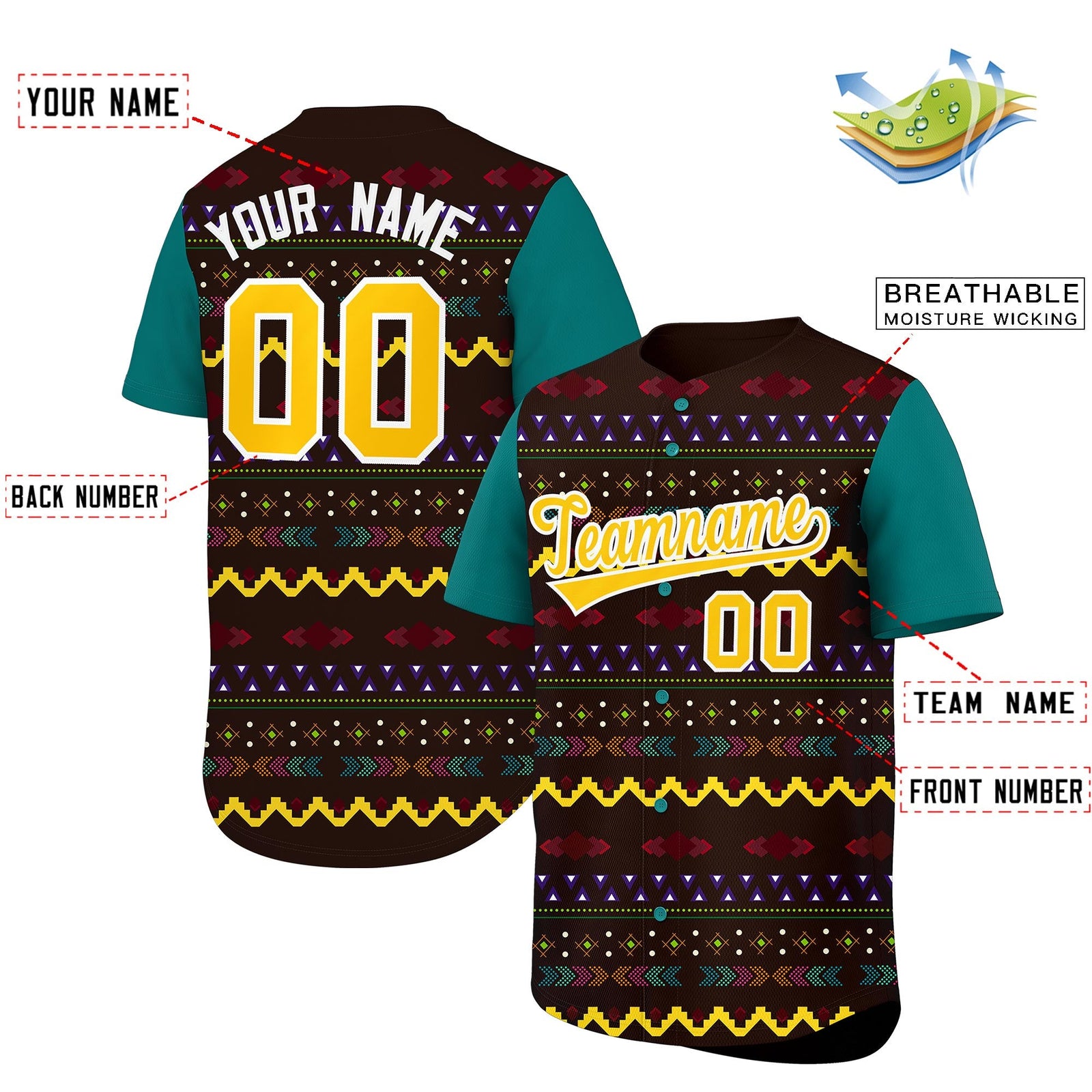 Custom Brown Teal White Mexican style Breathable Baseball Jersey| KXKSHOP