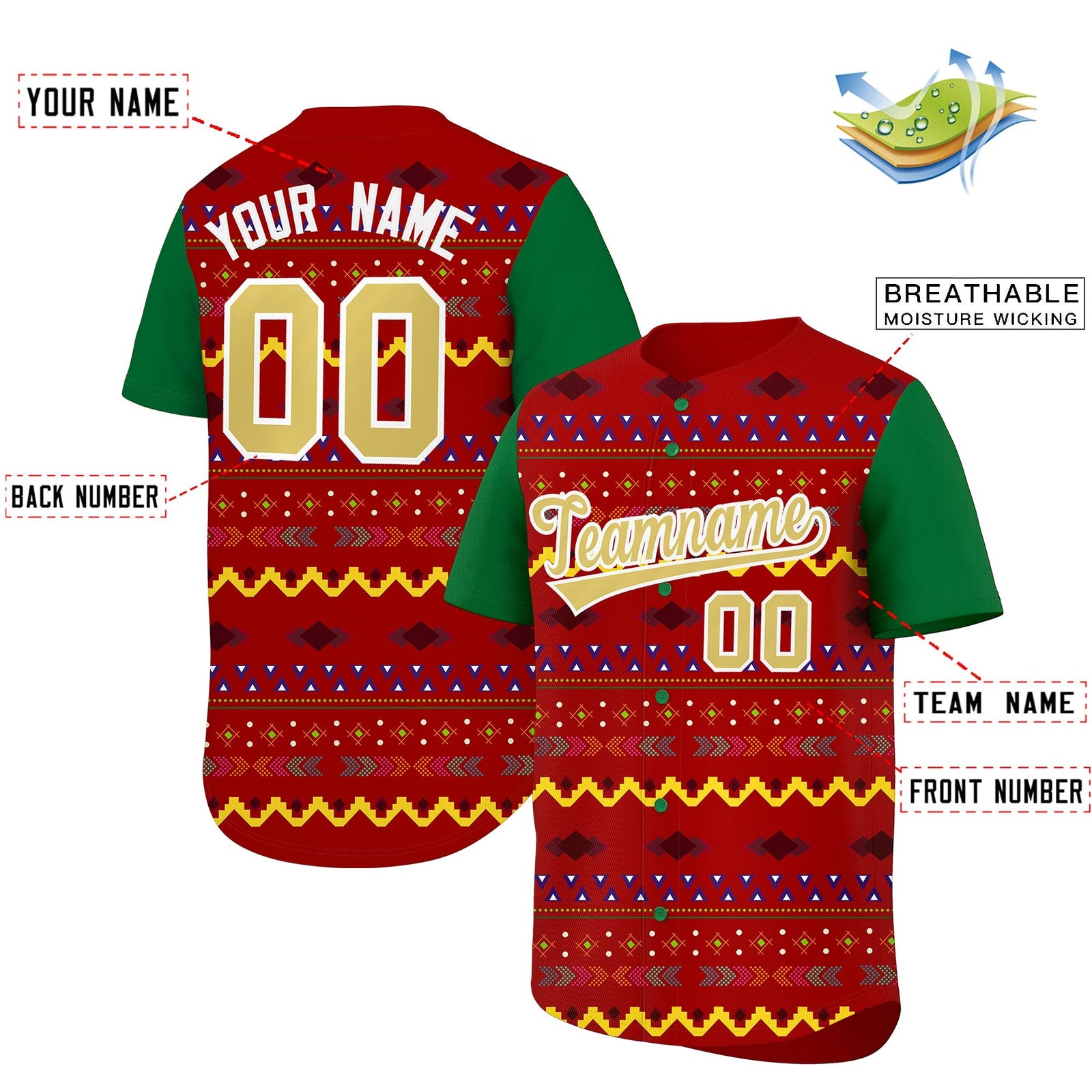 Custom Red Kelly Green White Mexican style Breathable Baseball Jersey| KXKSHOP