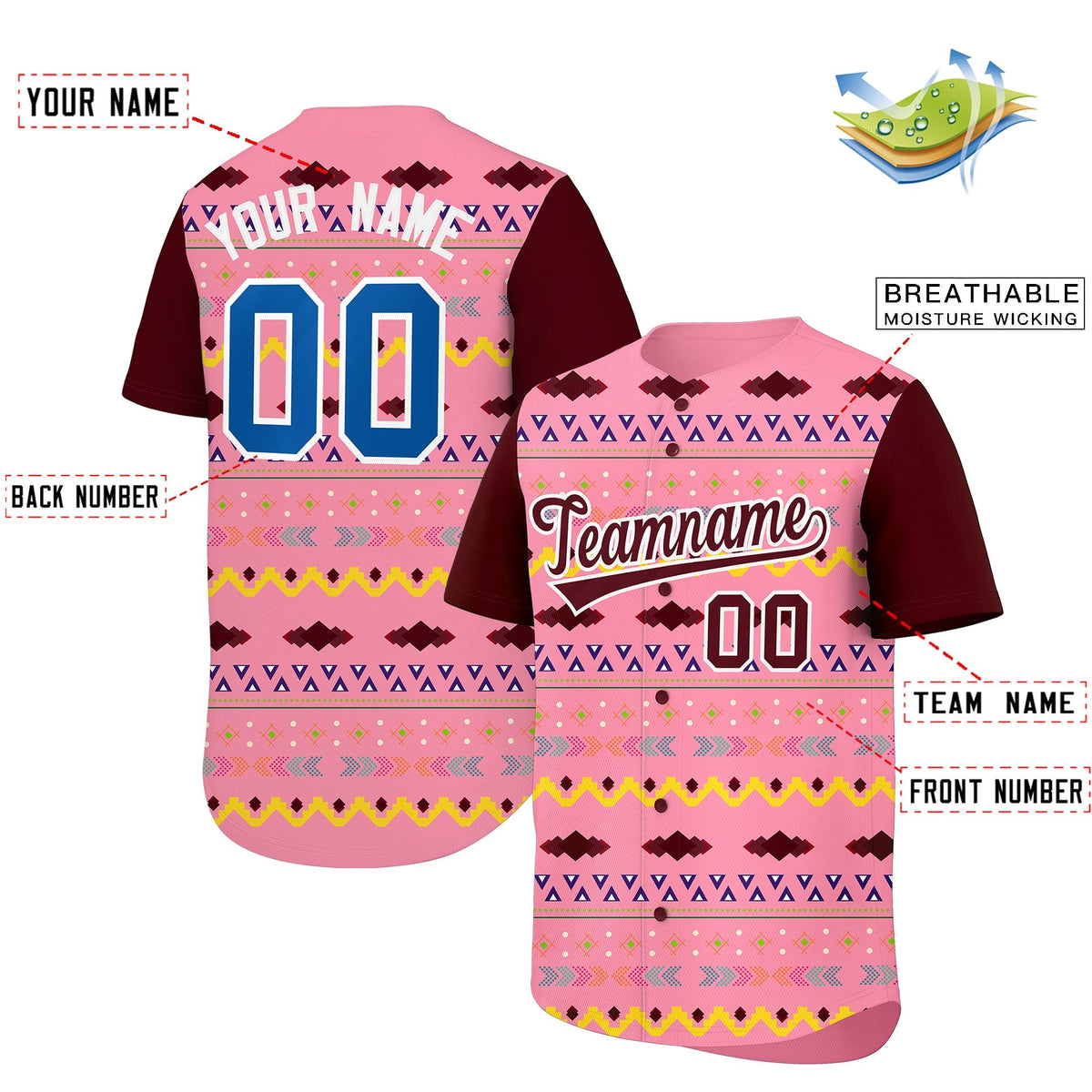 Custom Light Pink Burgundy White Mexican style Breathable Baseball Jersey| KXKSHOP