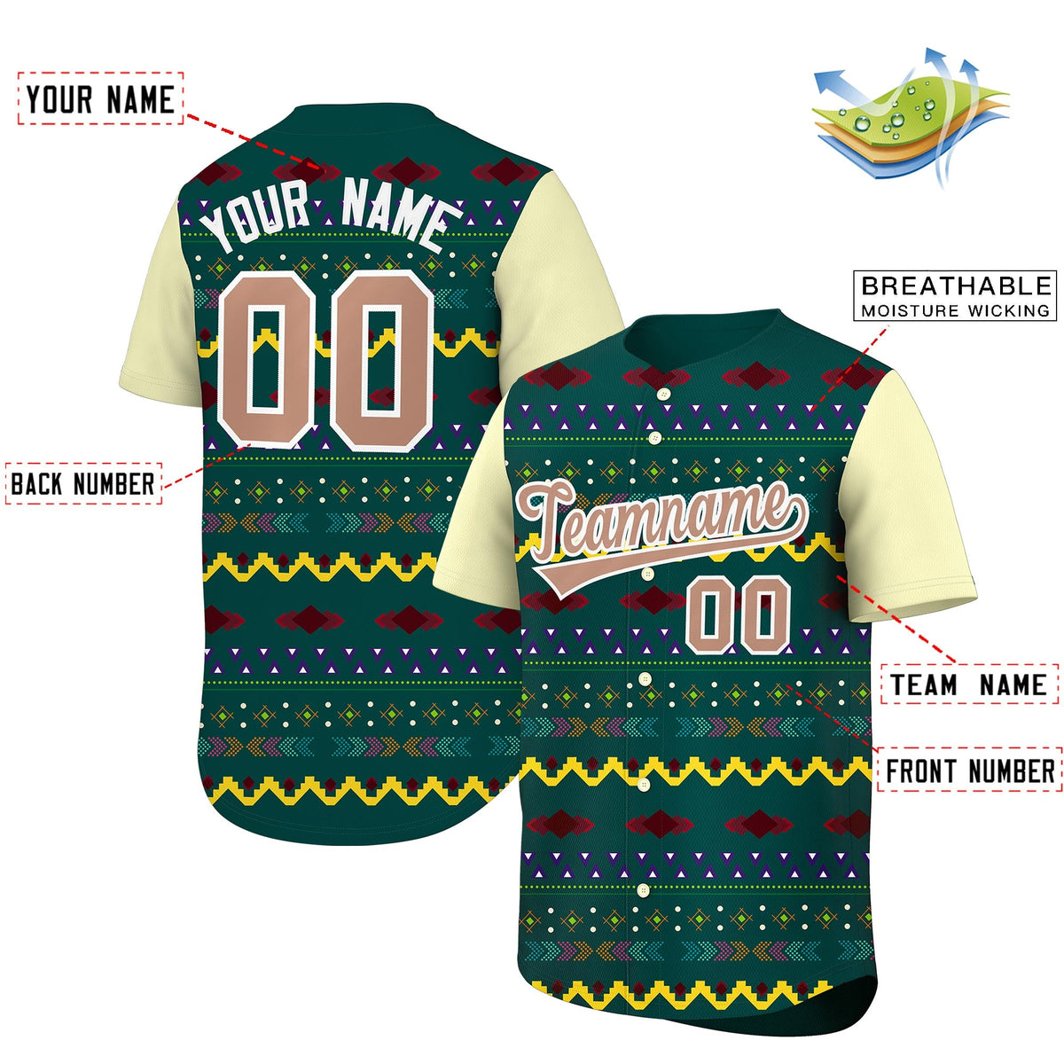 Custom Midnight Green Cream White Mexican style Breathable Baseball Jersey| KXKSHOP