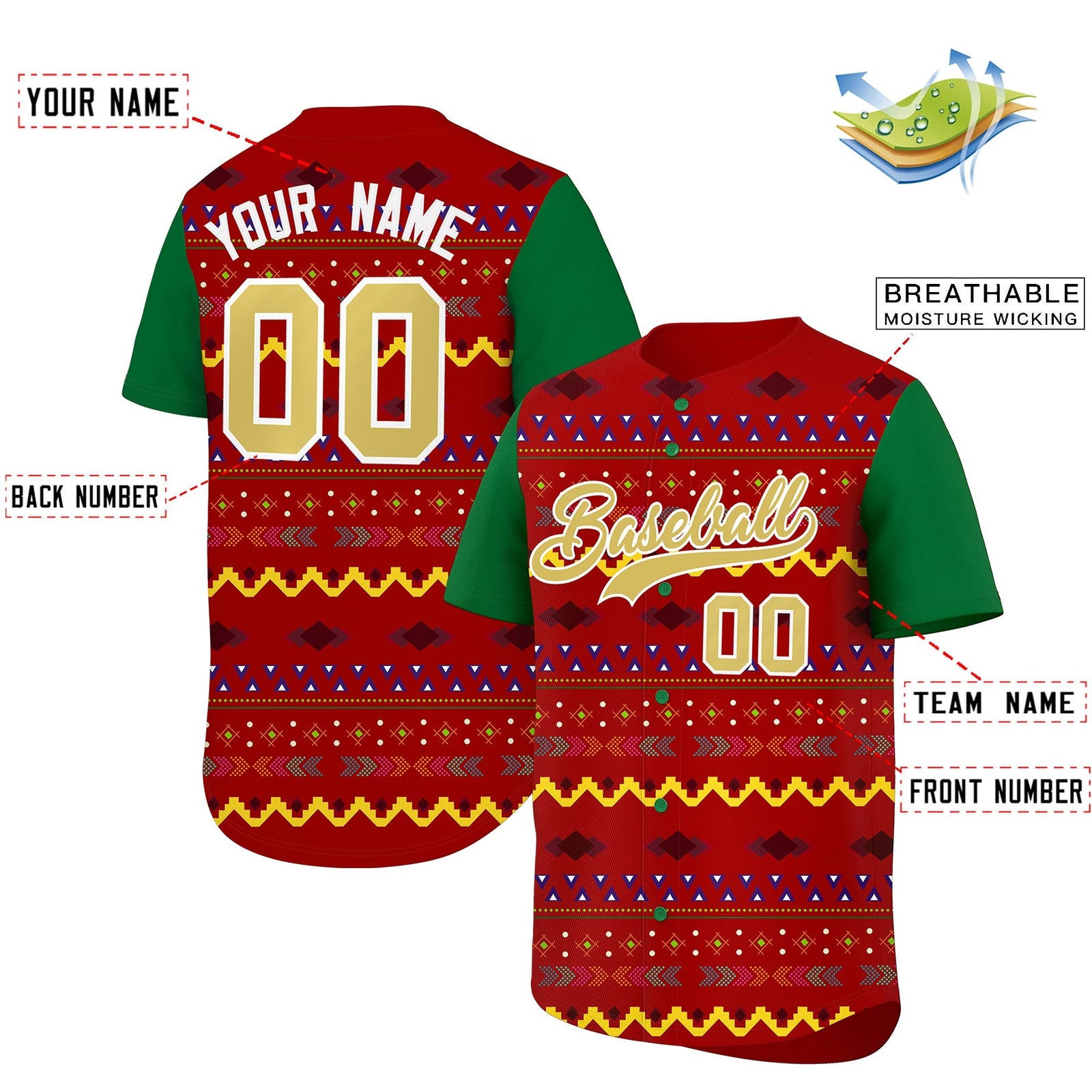 Custom Red Kelly Green White Mexican style Breathable Baseball Jersey| KXKSHOP