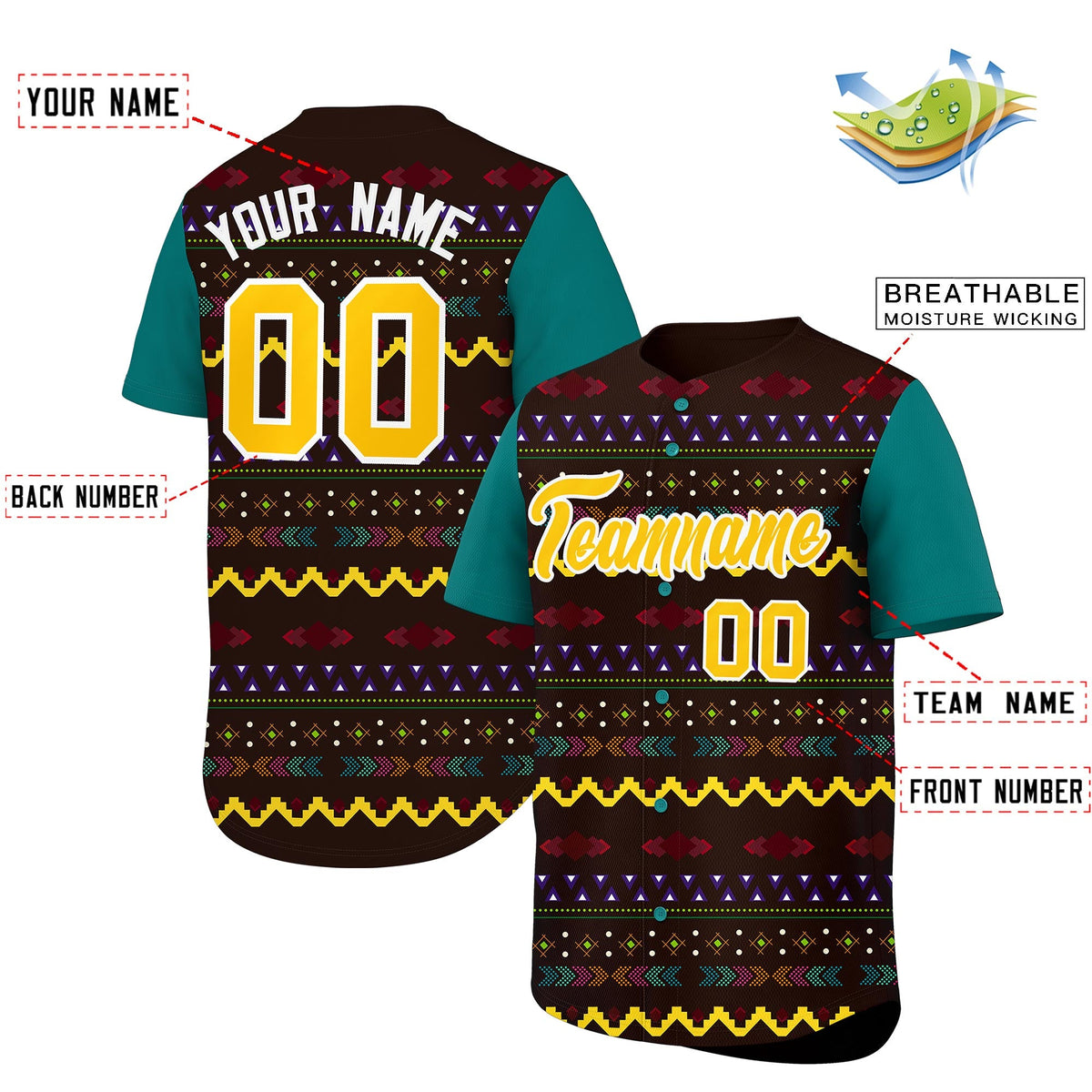 Custom Brown Teal White Mexican style Breathable Baseball Jersey| KXKSHOP