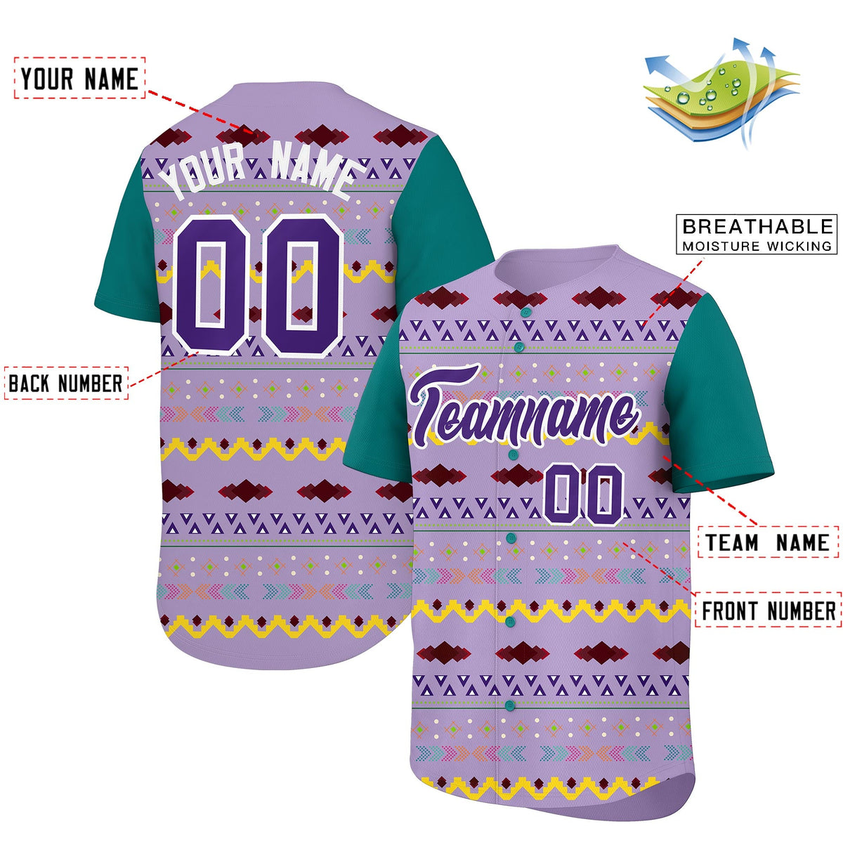 Custom Light Purple Teal White Mexican style Stretch Fabric Baseball Jersey| KXKSHOP