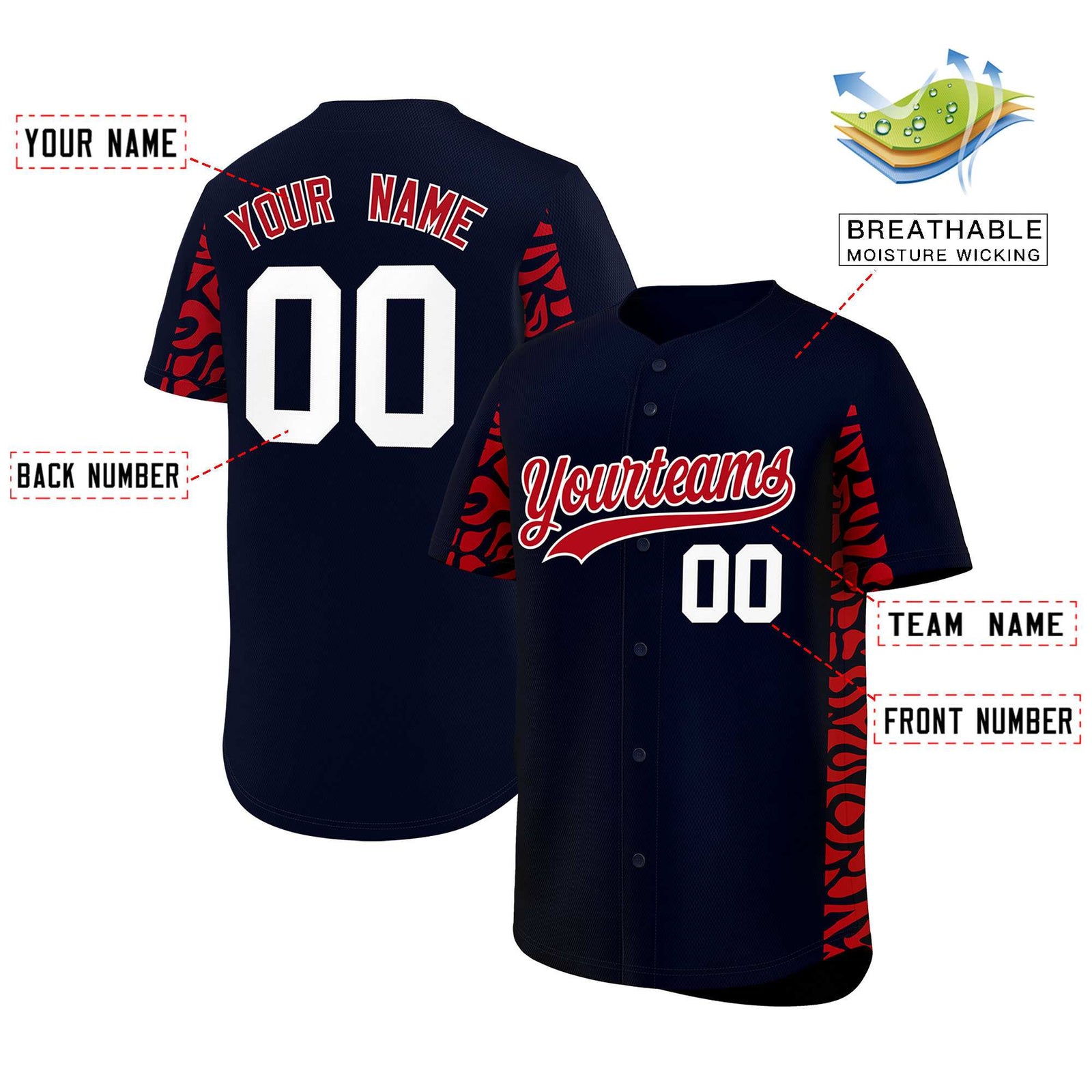 Custom Navy Red Personalized Leopard Graffiti Pattern Side Design Authentic Baseball Jersey