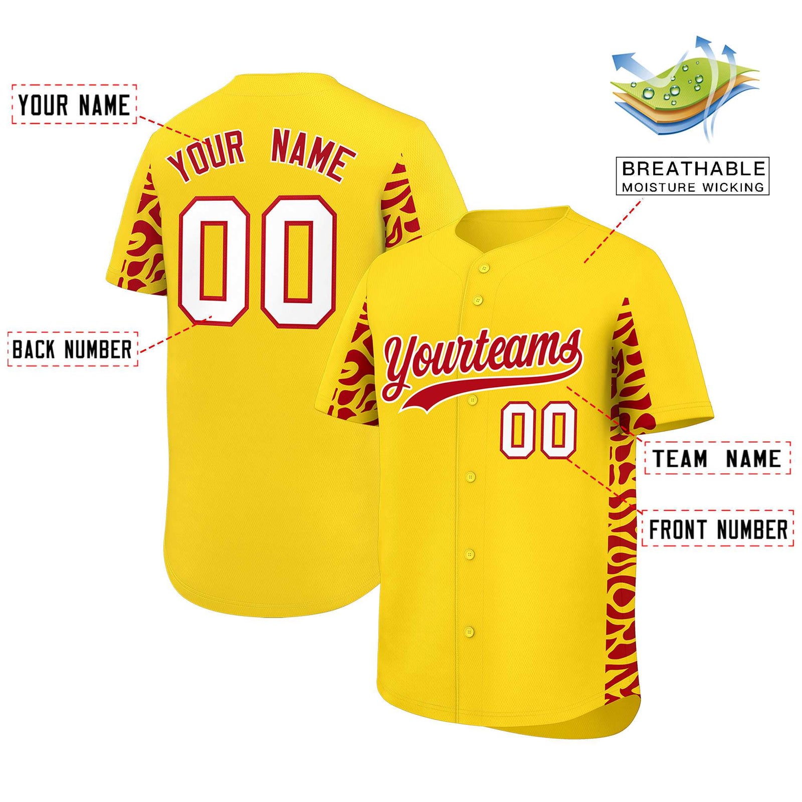 Custom Gold Red Personalized Leopard Graffiti Pattern Side Design Authentic Baseball Jersey