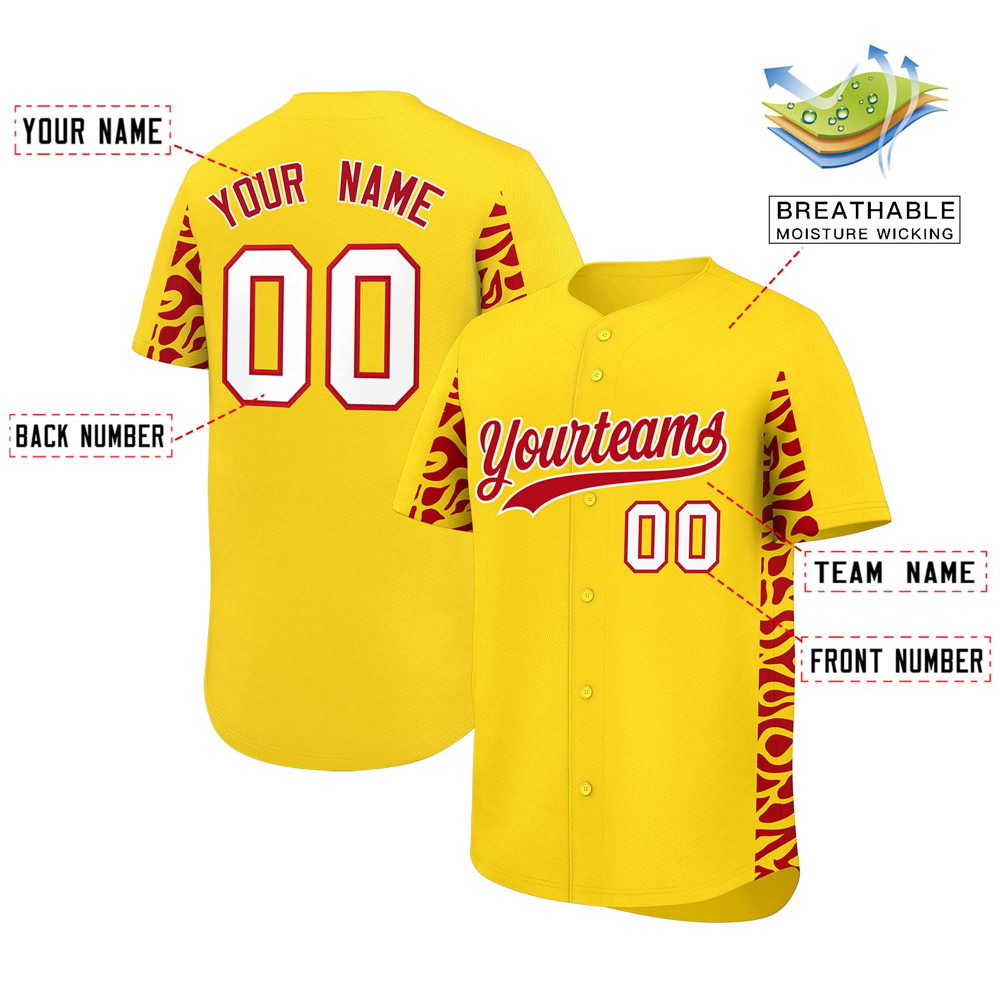 Custom Gold Red Personalized Leopard Graffiti Pattern Side Design Authentic Baseball Jersey