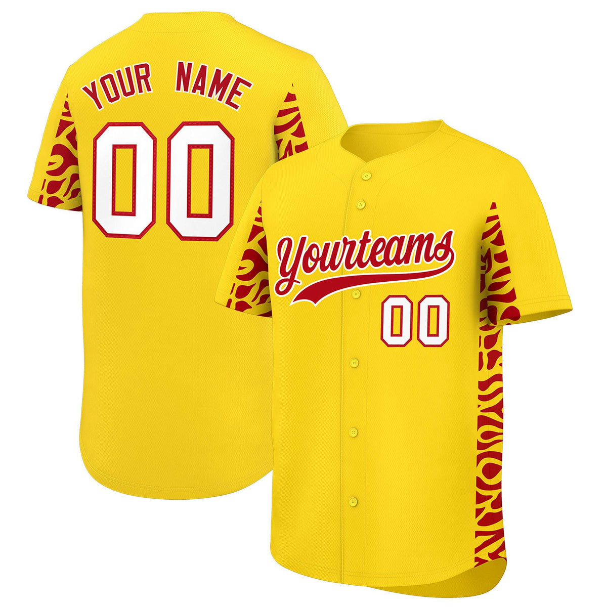 Custom Gold Red Personalized Leopard Graffiti Pattern Side Design Authentic Baseball Jersey