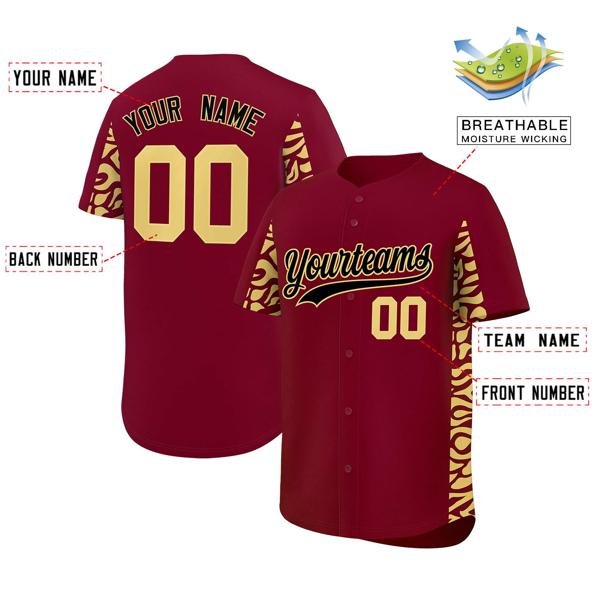 Custom Crimson Khaki Personalized Leopard Graffiti Pattern Side Design Authentic Baseball Jersey