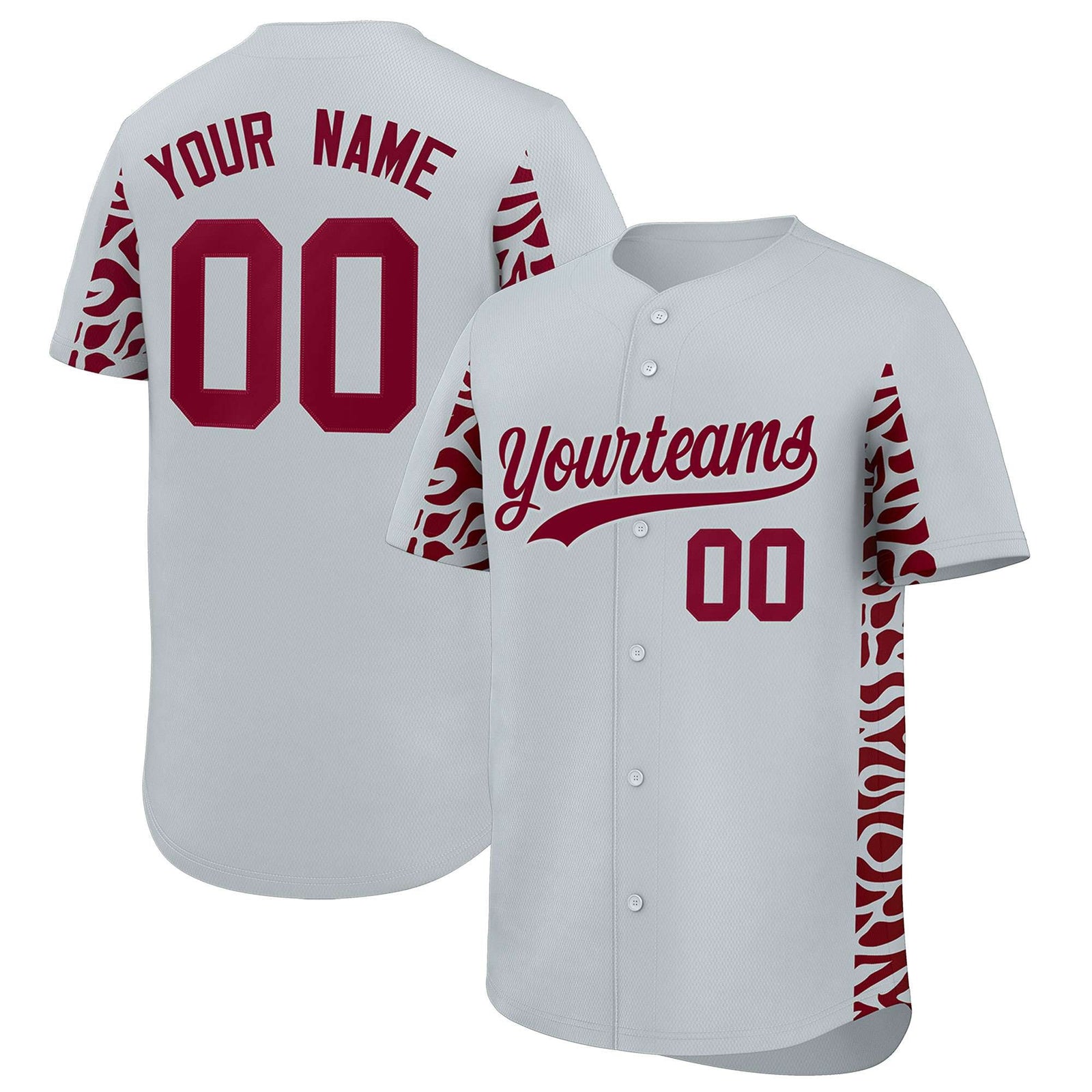 Custom Silver Crimson Personalized Leopard Graffiti Pattern Side Design Authentic Baseball Jersey