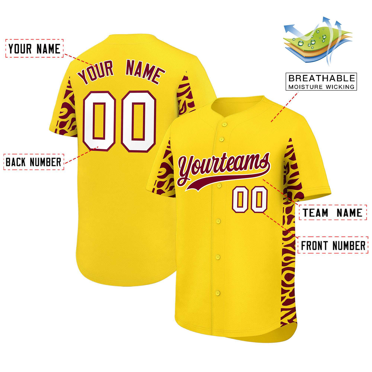 Custom Gold Crimson Personalized Leopard Graffiti Pattern Side Design Authentic Baseball Jersey