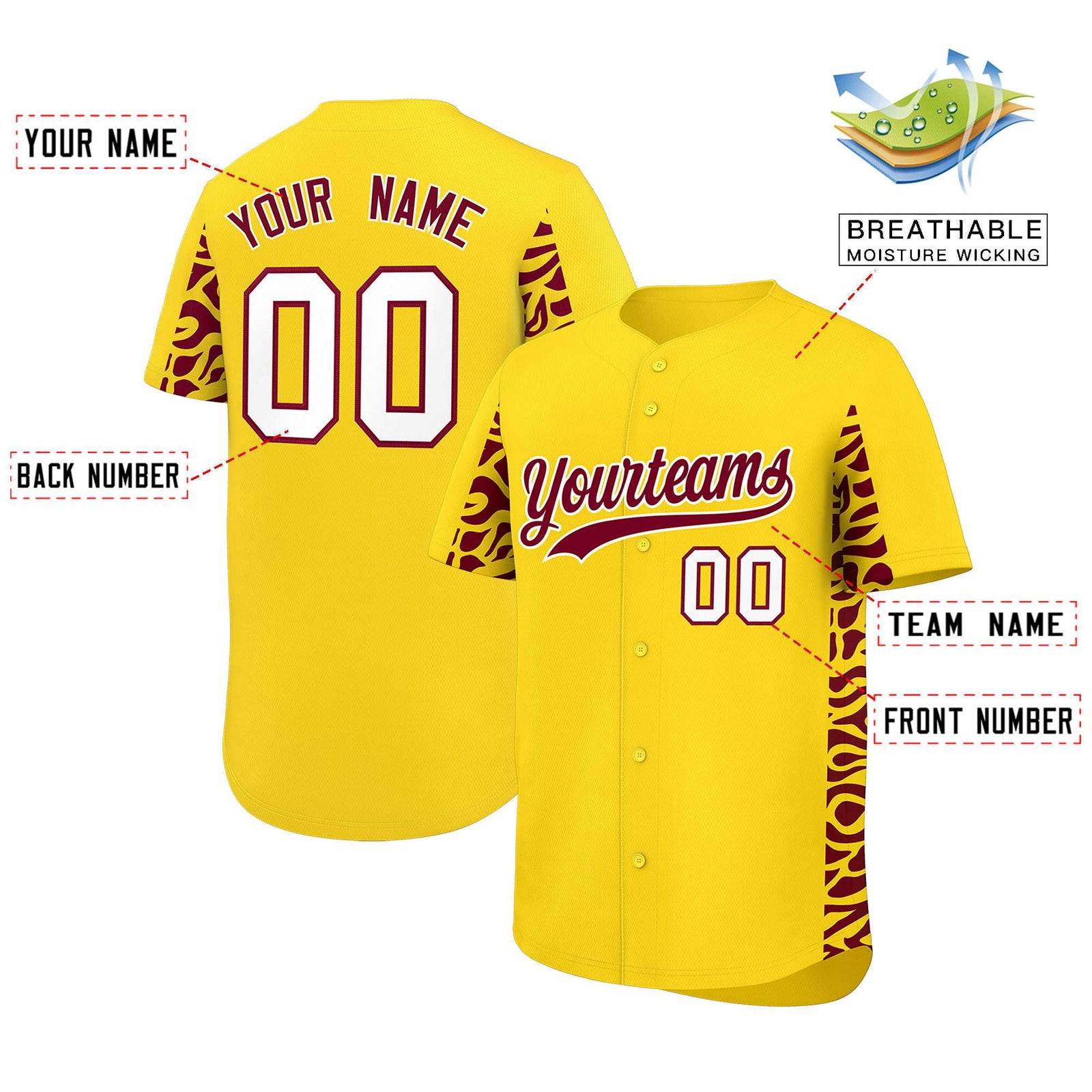 Custom Gold Crimson Personalized Leopard Graffiti Pattern Side Design Authentic Baseball Jersey