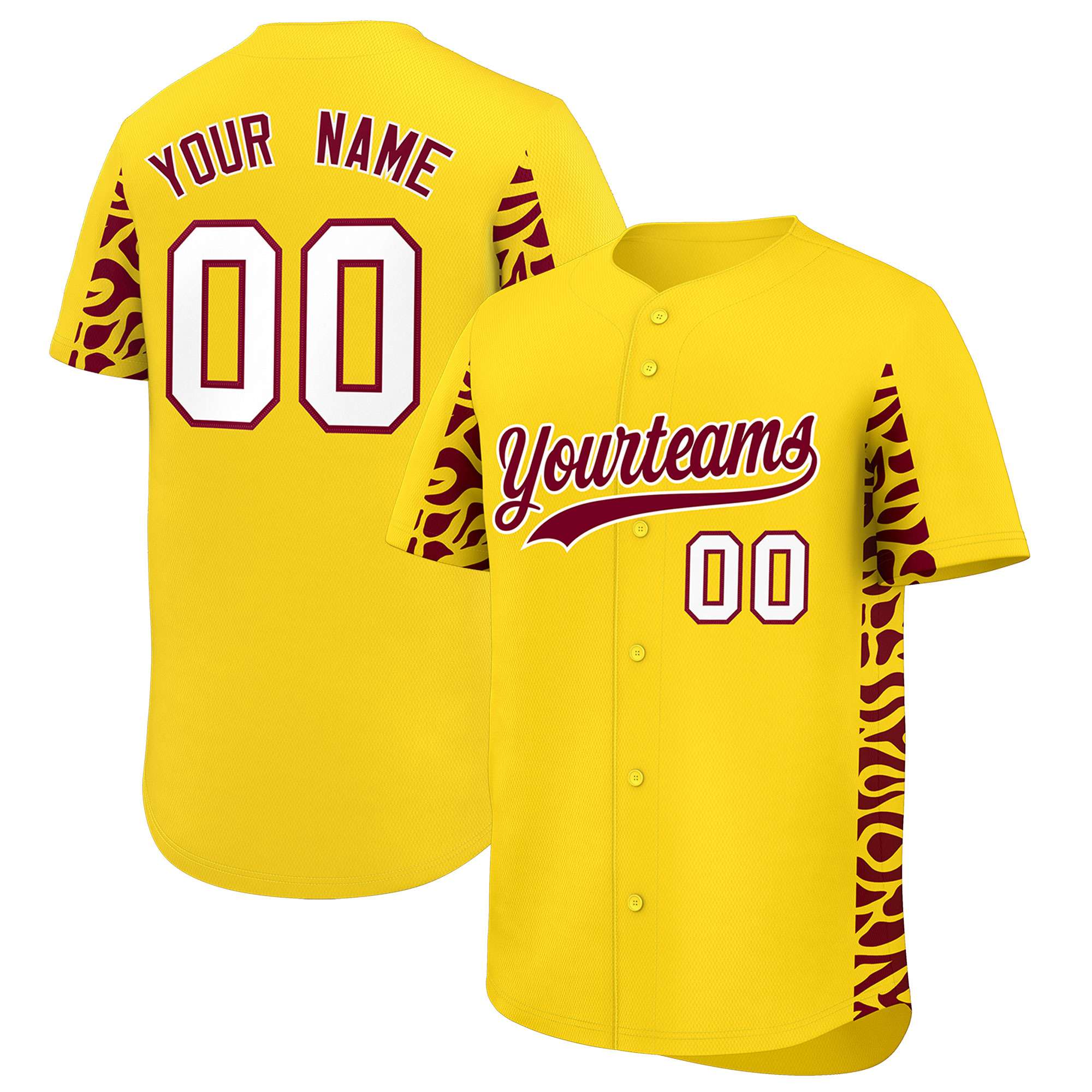 Custom Gold Crimson Personalized Leopard Graffiti Pattern Side Design Authentic Baseball Jersey